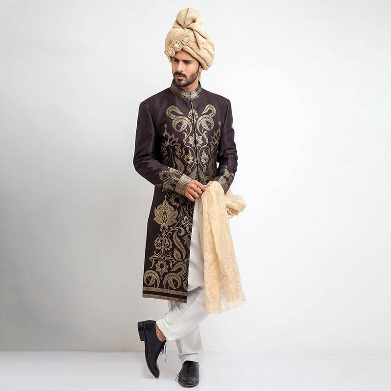 Antique Dull Gold and Charcoal Brocade Sherwani for Men | Traditional Indian Wedding Attire | Perfect for Ethnic Weddings, Festivals & Special Occasions