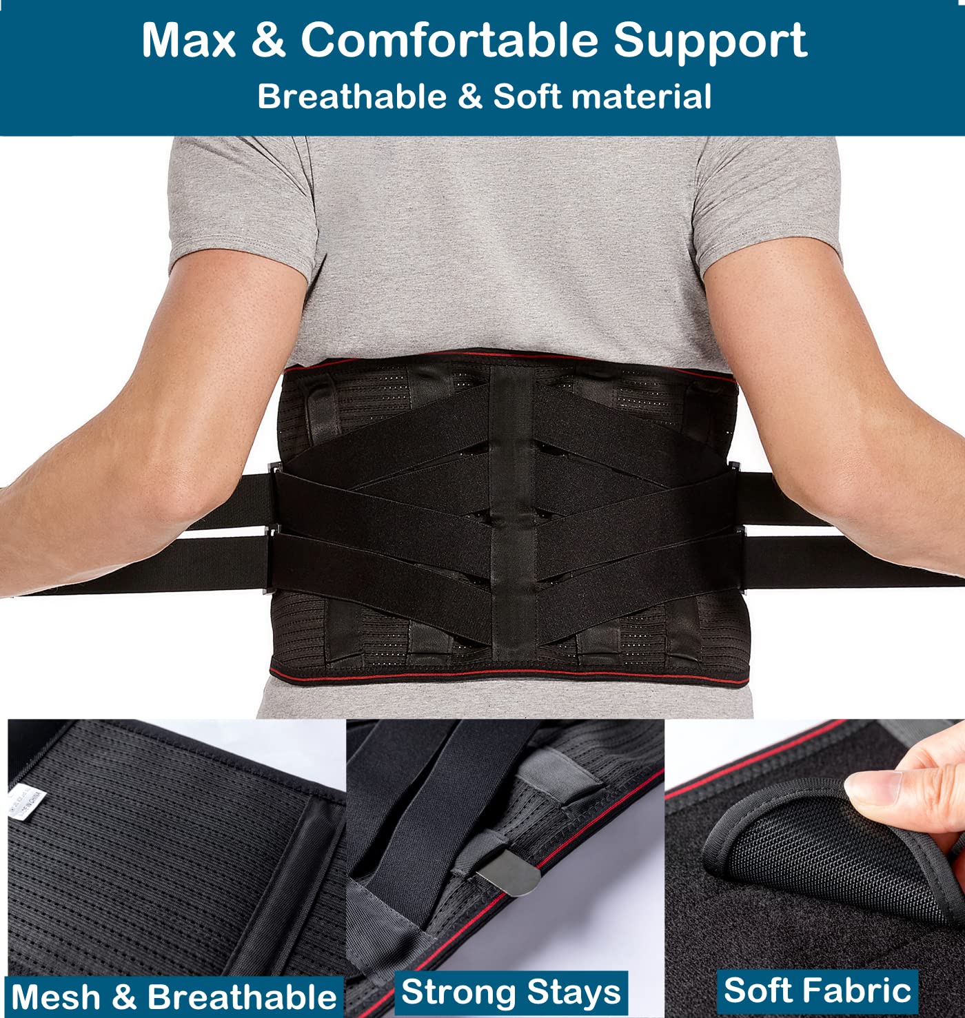 Lower Back Brace for Pain Relief - Adjustable Lumbar Support Belt with 5 Sticks & Reinforced Straps for Men & Women - Ideal for Work, Lifting, Moving & Daily Activities (Black, Medium)