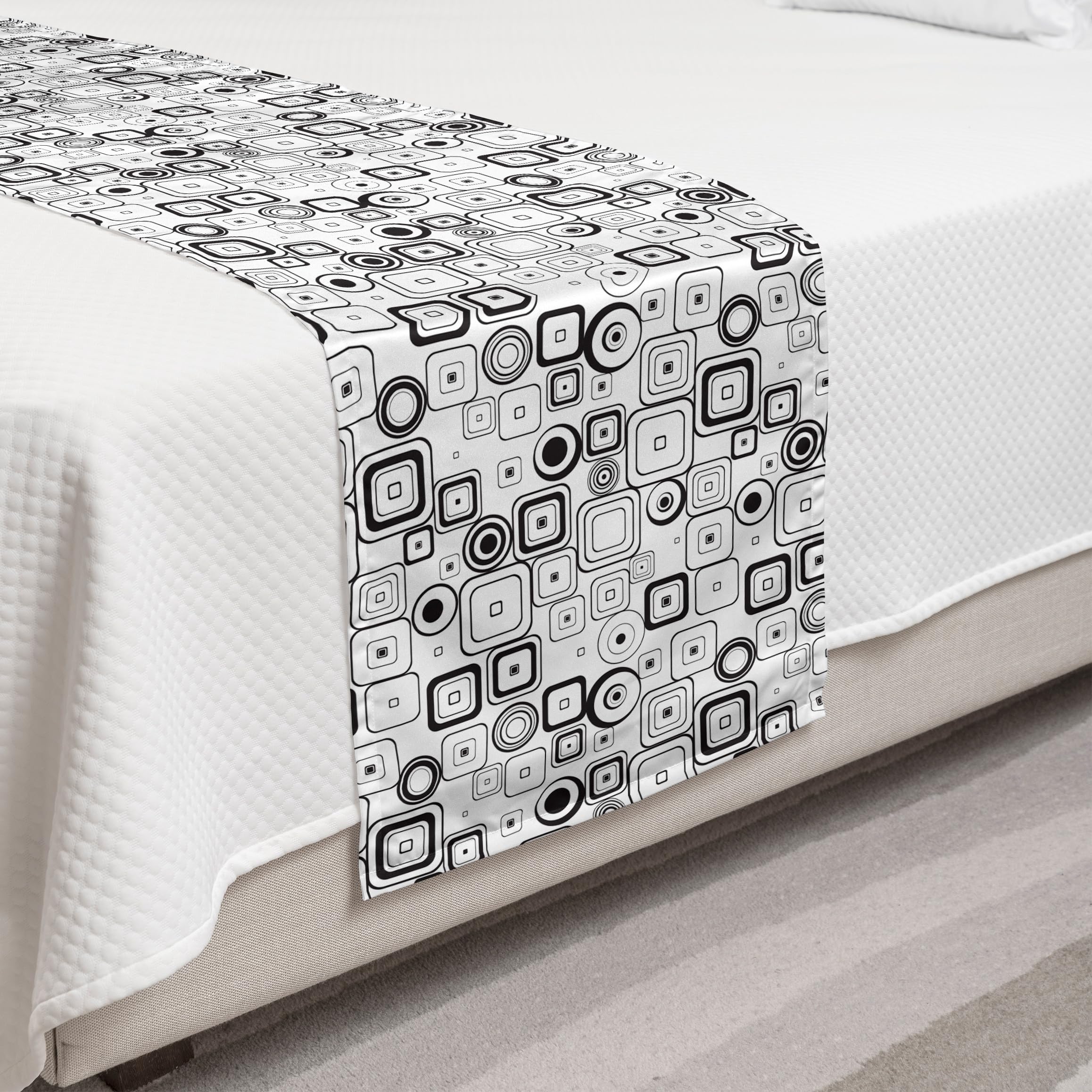 Ambesonne Abstract Bed Runner - Monochrome Vintage Geometric Pattern with Squares & Circles, Classic Retro Black & White Decorative Bed Scarf for Hotels, Homes & Guest Rooms | Perfect for Bedroom Decor, Sofa Throw & Accent Piece