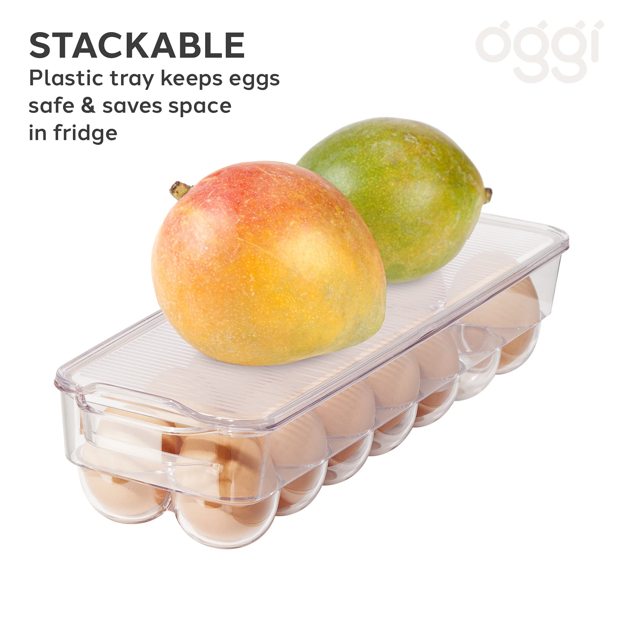 OGGI Stackable Covered Egg Holder - Clear Plastic 14 Egg Tray for Refrigerator | Kitchen & Fridge Organization | Food Storage Containers | Perfect for Breakfast Meal Prep, Baking, and Farm Fresh Egg Storage