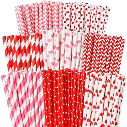 200pcs Biodegradable Valentine's Day Paper Straws - Red & Pink Heart Stripe, Bicolor, Dot & Chevron Designs | Eco-Friendly Wedding & Party Supplies (8 Styles) | Perfect for Romantic Celebrations, Bridal Showers & Anniversary Parties