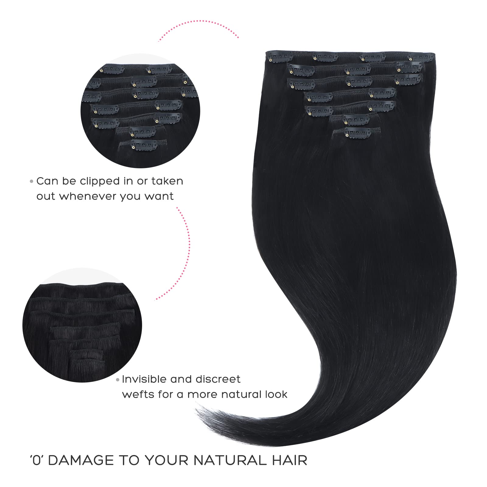 Marat Clip-In Human Hair Extensions 22 Inch Jet Black Straight 120g - Perfect for Parties, Weddings & Daily Styling