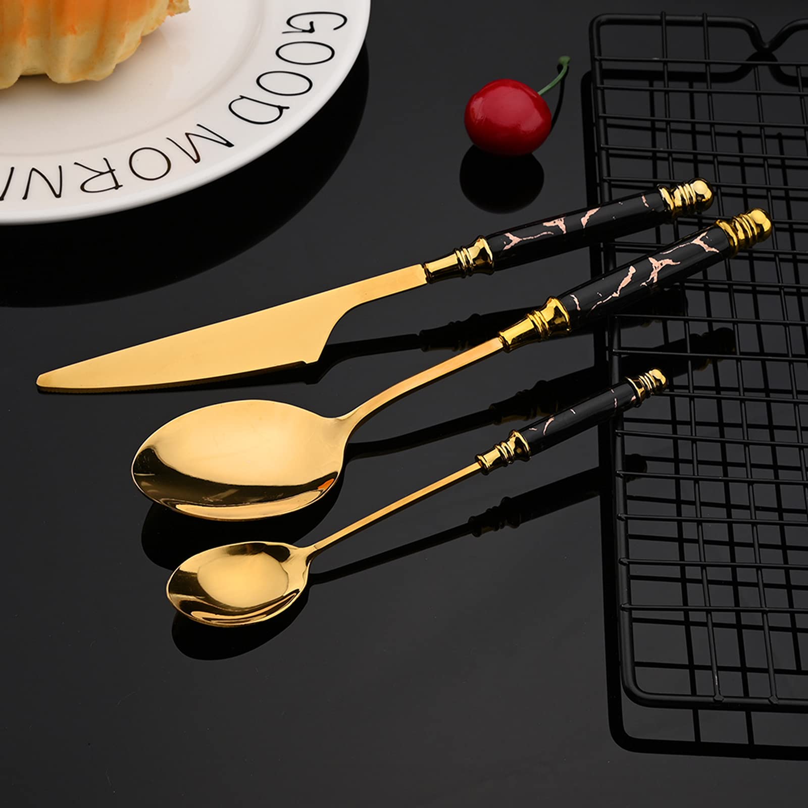Premium 24-Piece Stainless Steel Flatware Set with Marble Texture & Mirror Polish - Elegant Cutlery Set for Kitchen, Dining, and Gifts (Black) | Perfect for Home Entertaining, Weddings, and Dinner Parties
