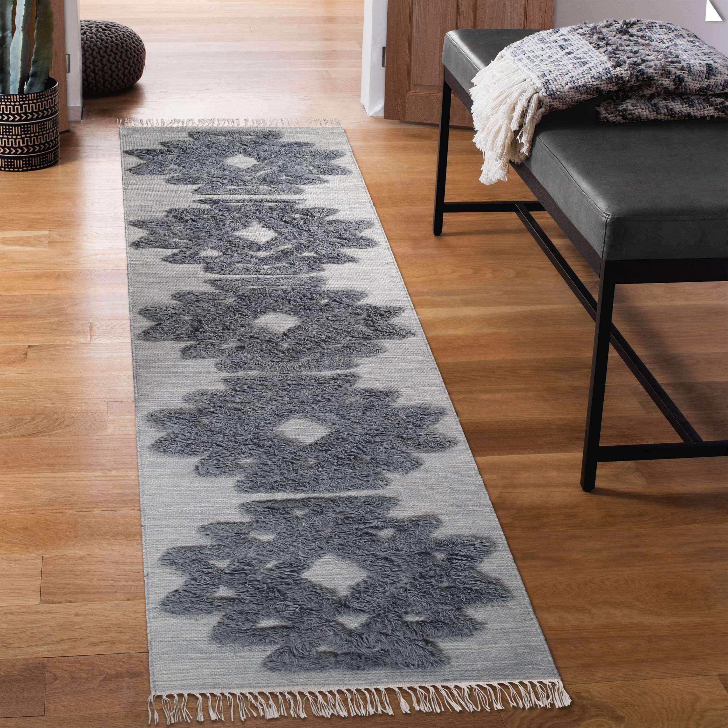 Bohemian Wool Geometric Medallion Fringe Rug - Handmade Indoor Area Carpet or Runner for Living Room, Bedroom & Boho Home Decor