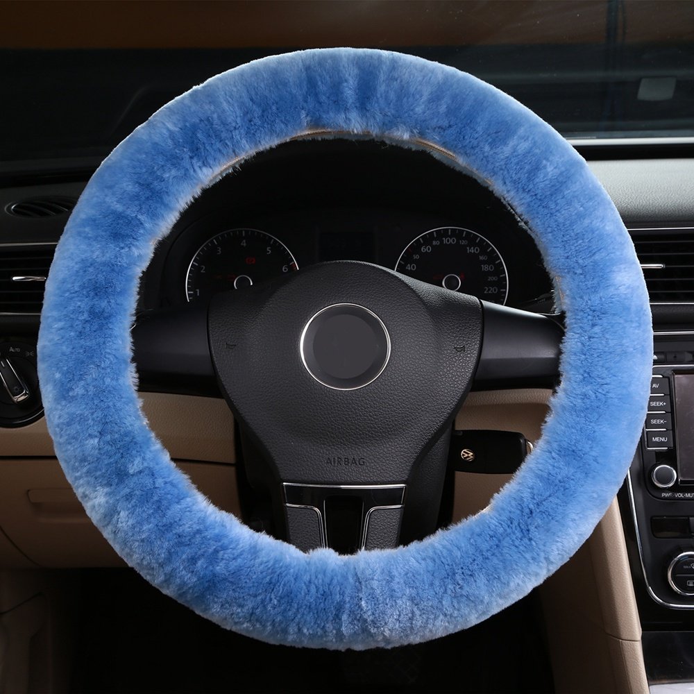 Dotesy 3-Piece Genuine Sheepskin Steering Wheel Cover Set with Gear Shift & Handbrake Cover - Universal Fit for 15