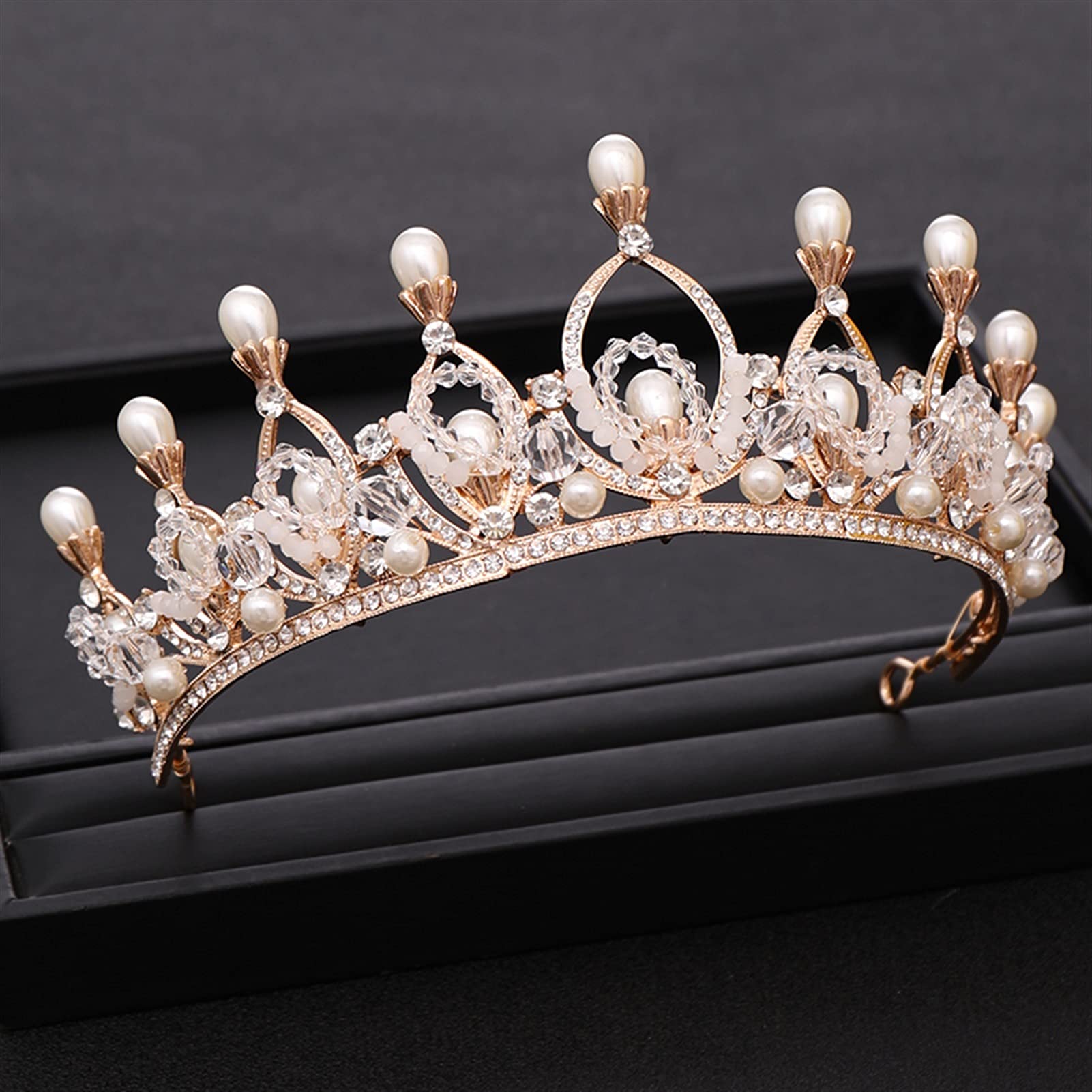 Trendy Rhinestone Crystal Pearl Wedding Crown - Golden Princess Headdress for Brides | Elegant Bridal Hair Accessories for Weddings, Prom & Special Occasions