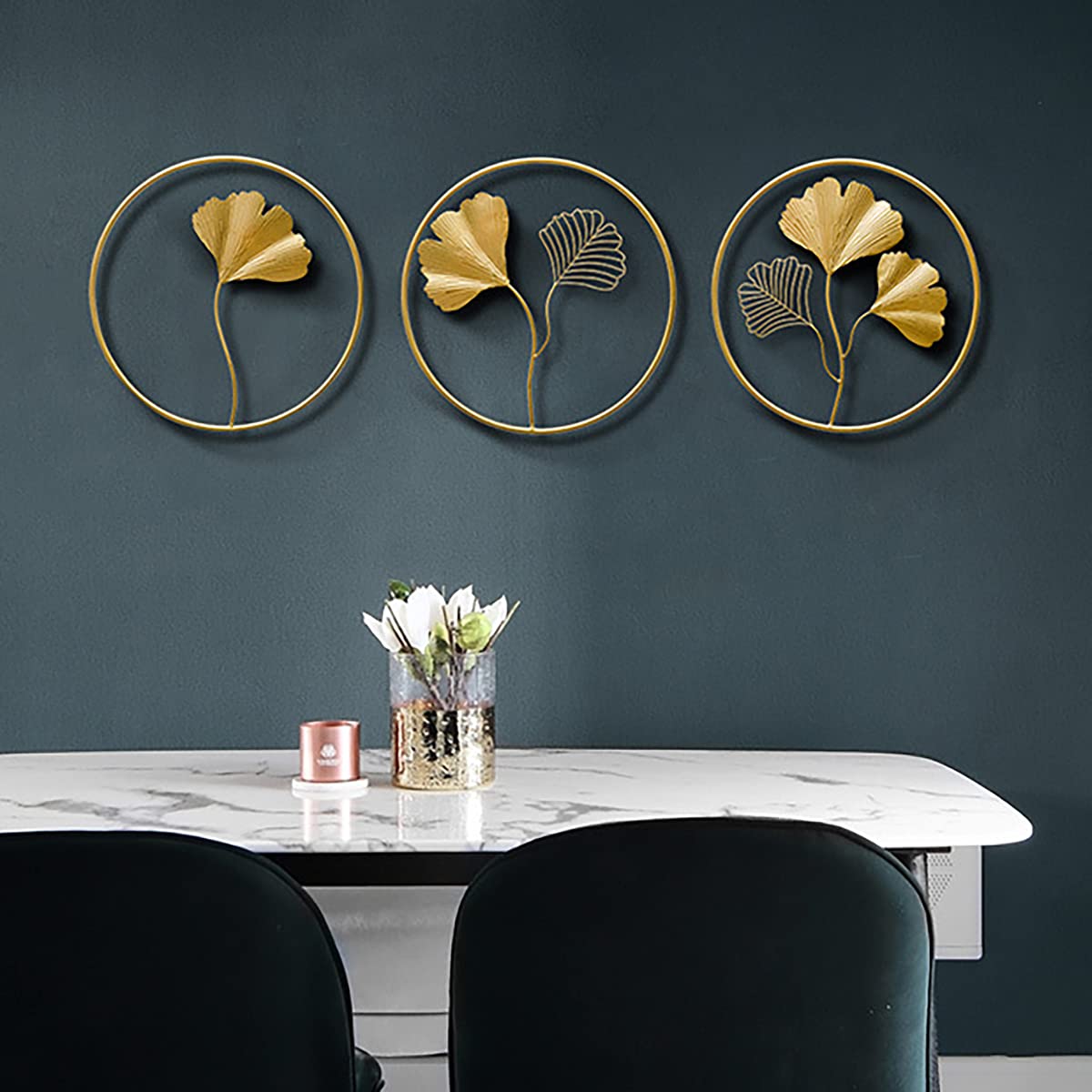 YGBUHN 3-Piece Metal Ginkgo Leaf Wall Art Set - 18 Inch Round Wall Sculptures for Home, Bedroom, Office & Hotel Decor | Nature-Inspired Metal Wall Decor for Living Room, Dining Area & Entryway