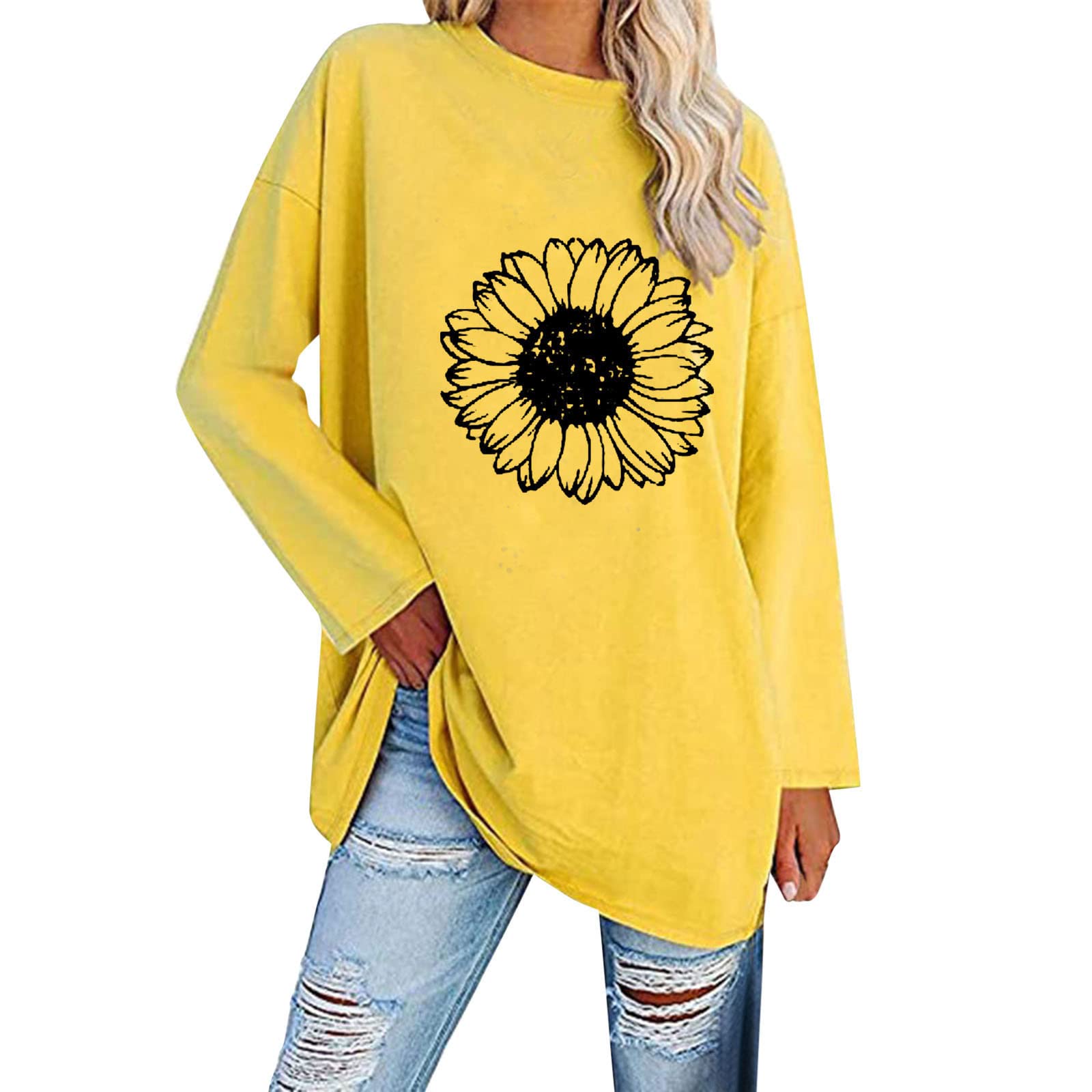 Women's Loose Printed Blouse - Comfortable Round Neck Long Sleeve T-Shirt - Casual & Work Tops - Sweatshirt Style Shirt for Office, Weekend & Everyday Wear