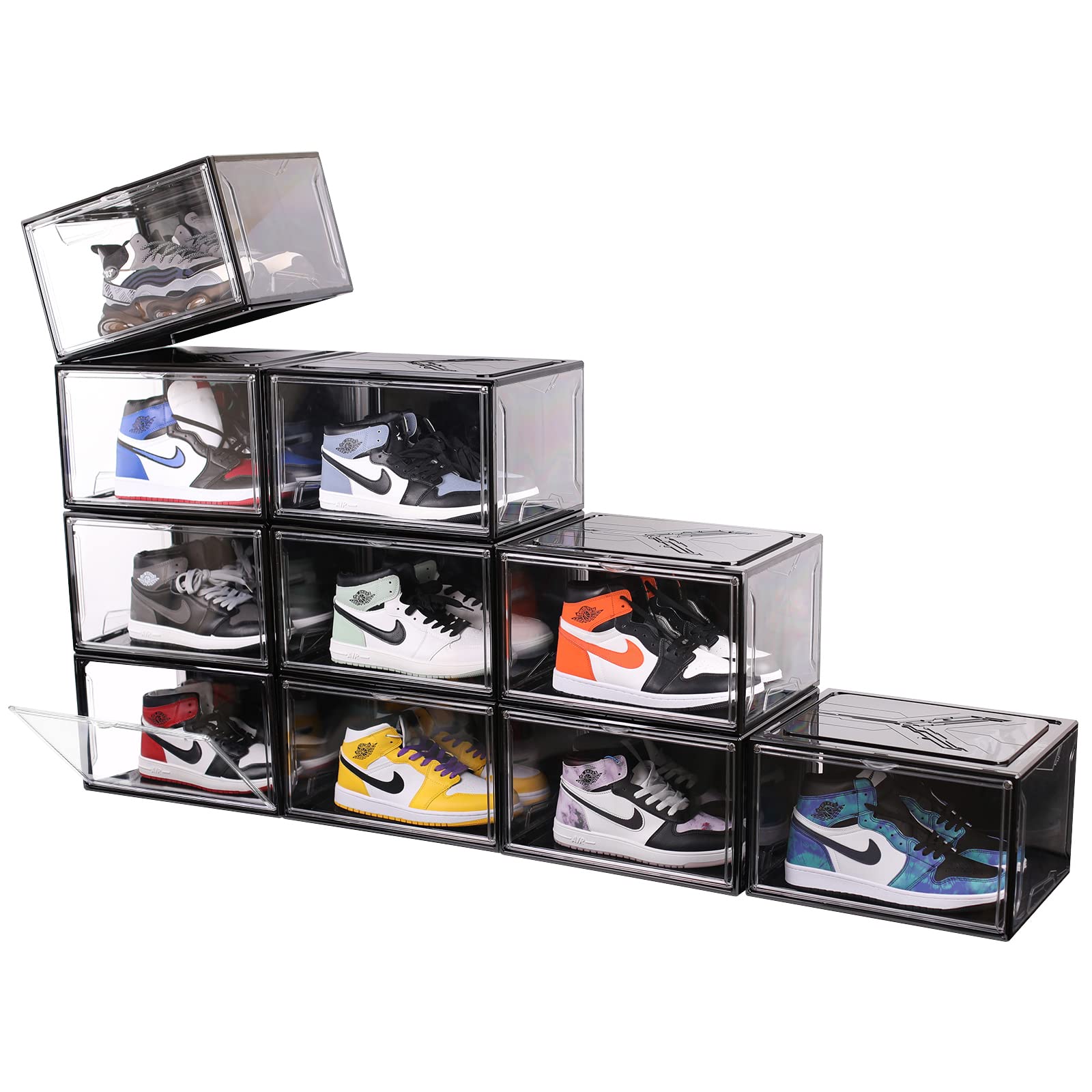 KDOR Clear Plastic Stackable Shoe Storage Boxes - 10 Pack with Magnetic Door, Acrylic Display Case for Sneakers (Fits Up to US Men's Size 15) - Perfect for Closet Organization, Shoe Collection Display & Retail Store Merchandising