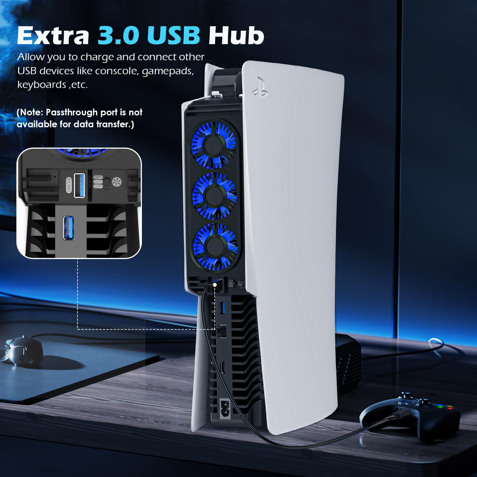 Upgraded Auto-Temperature Control PS5 Cooling Fan with 3 Blue LED Lights & USB 3.0 Hub - Efficient Cooling System for PlayStation 5 (Compatible with Disc/Digital Editions) - Perfect for Gaming Marathons & Preventing Overheating