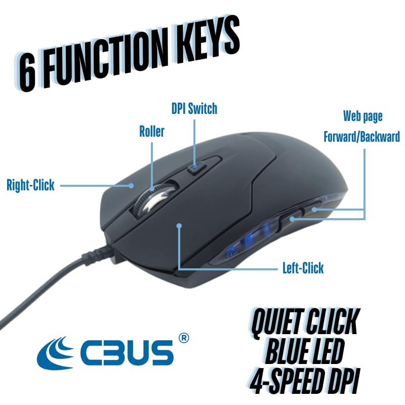 CBUS Wired USB C Mouse - 6-Button Silent Click Ergonomic Computer Mouse with 4 Adjustable DPI Speeds & LED Backlight - Compatible with Mac, Chromebook, HP, Dell XPS, Asus, Surface - Perfect for Office Work, Gaming & Home Use