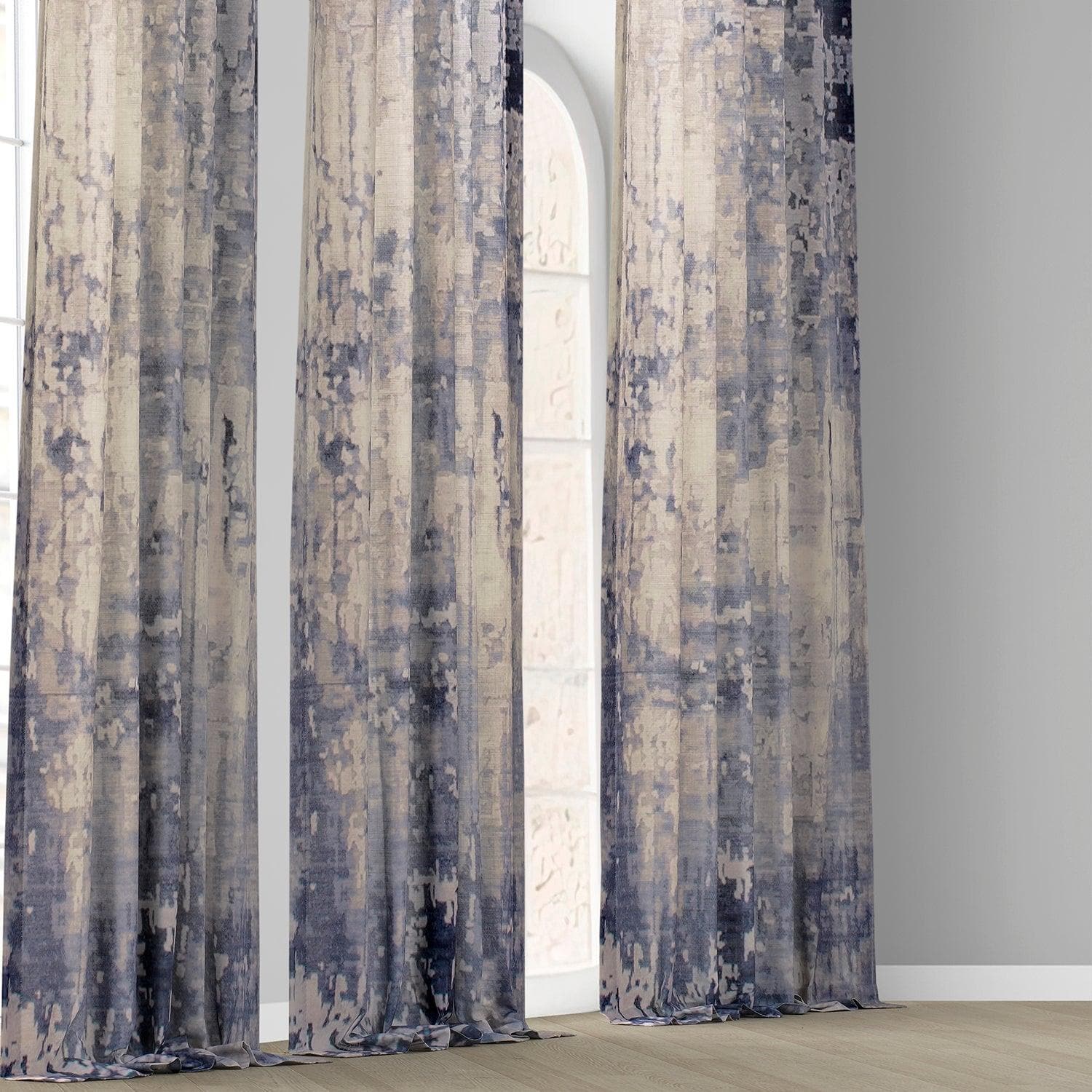 Lake Blue Abstract Textured Printed Cotton Curtains for Living Room & Bedroom - Modern Window Drapes with Artistic Design for Home Decor