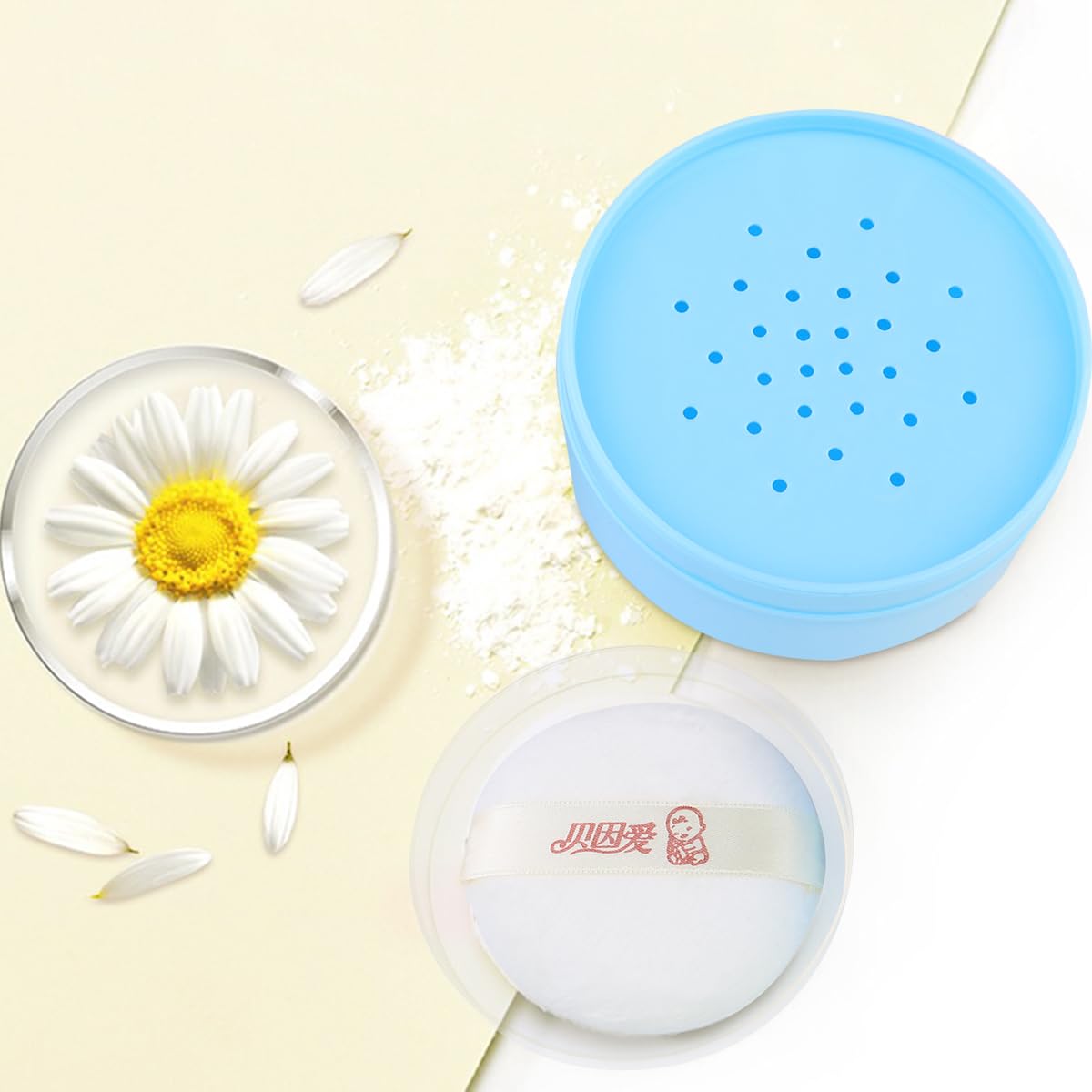 Premium Blue Body Powder Puff Sponge Case - Talcum Powder Applicator Container with Soft Puff for After-Bath & Makeup | Travel-Friendly Cosmetic Storage