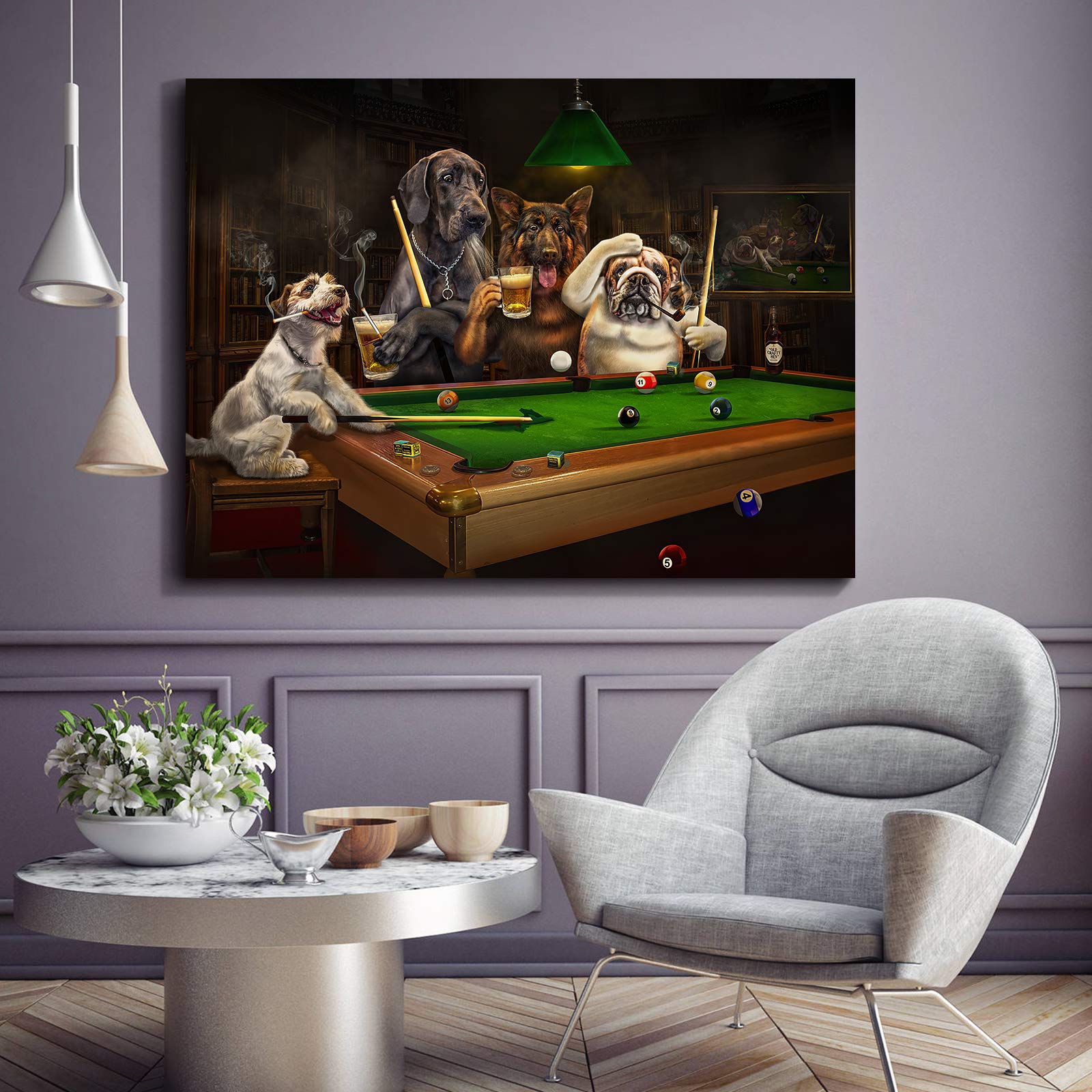 Denozer - Dogs Playing Pool by Cassius Marcellus Coolidge - Premium Oil Painting Reproduction on Gallery Wrapped Canvas (48x36 Inch) - Ready to Hang Billiards Artwork for Game Room, Man Cave, or Entertainment Space Wall Decor