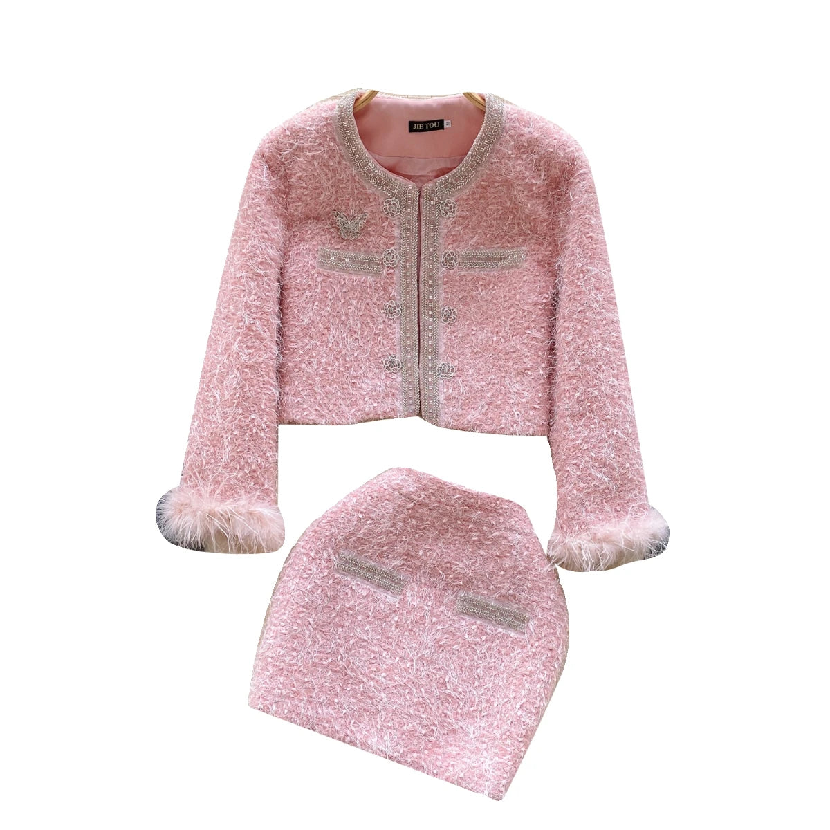 Vintage White 2-Piece Women's Outfit - Elegant Pink Round Neck Cardigan Coat & Zipper Mini Skirt Set | Fall Winter Party Fashion | Perfect for Holiday Gatherings, Date Nights & Office Wear