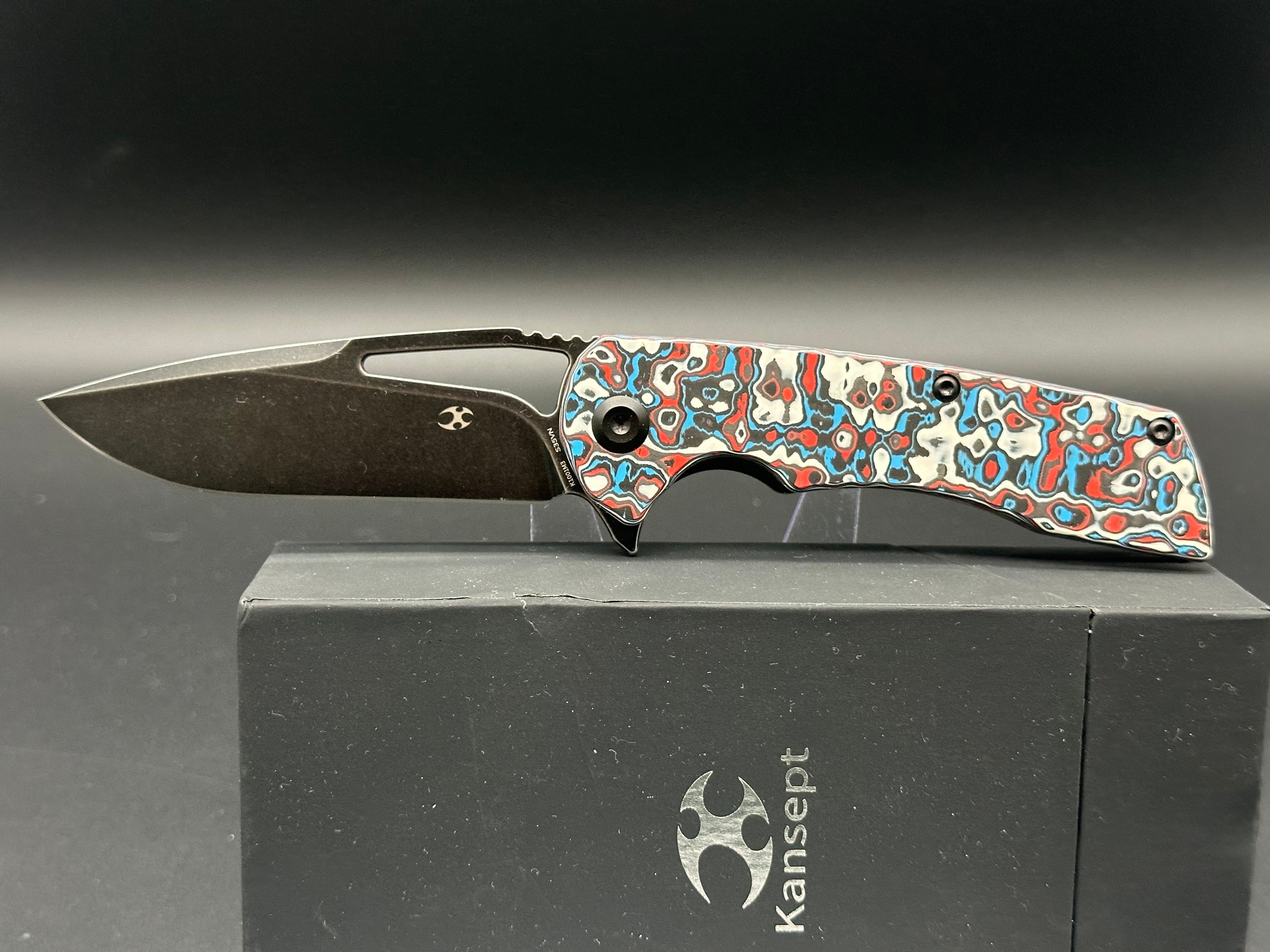 KANSEPT KRYO Folding Pocket Knife - Red/Blue/White Nebula Carbon Fiber Handle, S35VN Steel Drop Point Blade, Plain Edge Black Stonewash Finish (Model K1001M3) | EDC, Camping, Hiking & Outdoor Survival Tool
