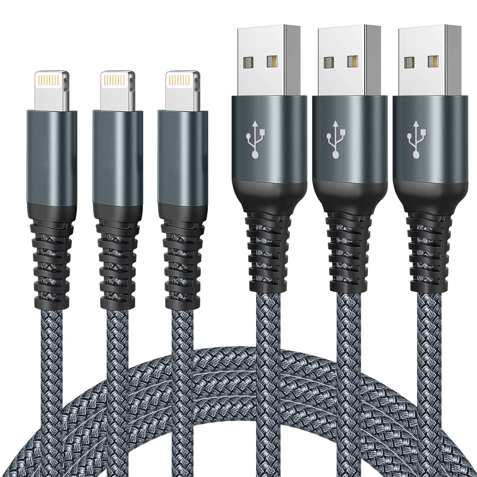 MFi Certified iPhone Charger 3-Pack - 6FT Lightning Cable Fast Charging Nylon Braided Cord for iPhone 14/13/12/11/X/Pro/Max/8/7/6/6S/SE/Plus & iPad - Durable Gray Charging Cable for Home, Office & Travel
