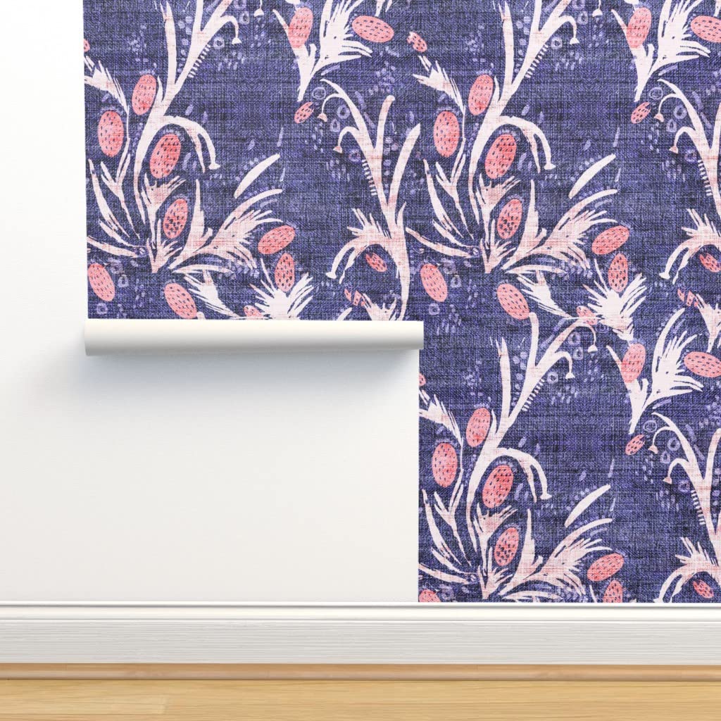 Removable Wallpaper 12ft x 2ft - French Thistle Pink Purple Floral Leaf Boho Design | Pre-Pasted Peel & Stick Wallpaper by Spoonflower | Perfect for Bedroom, Nursery, Living Room & Office Decor