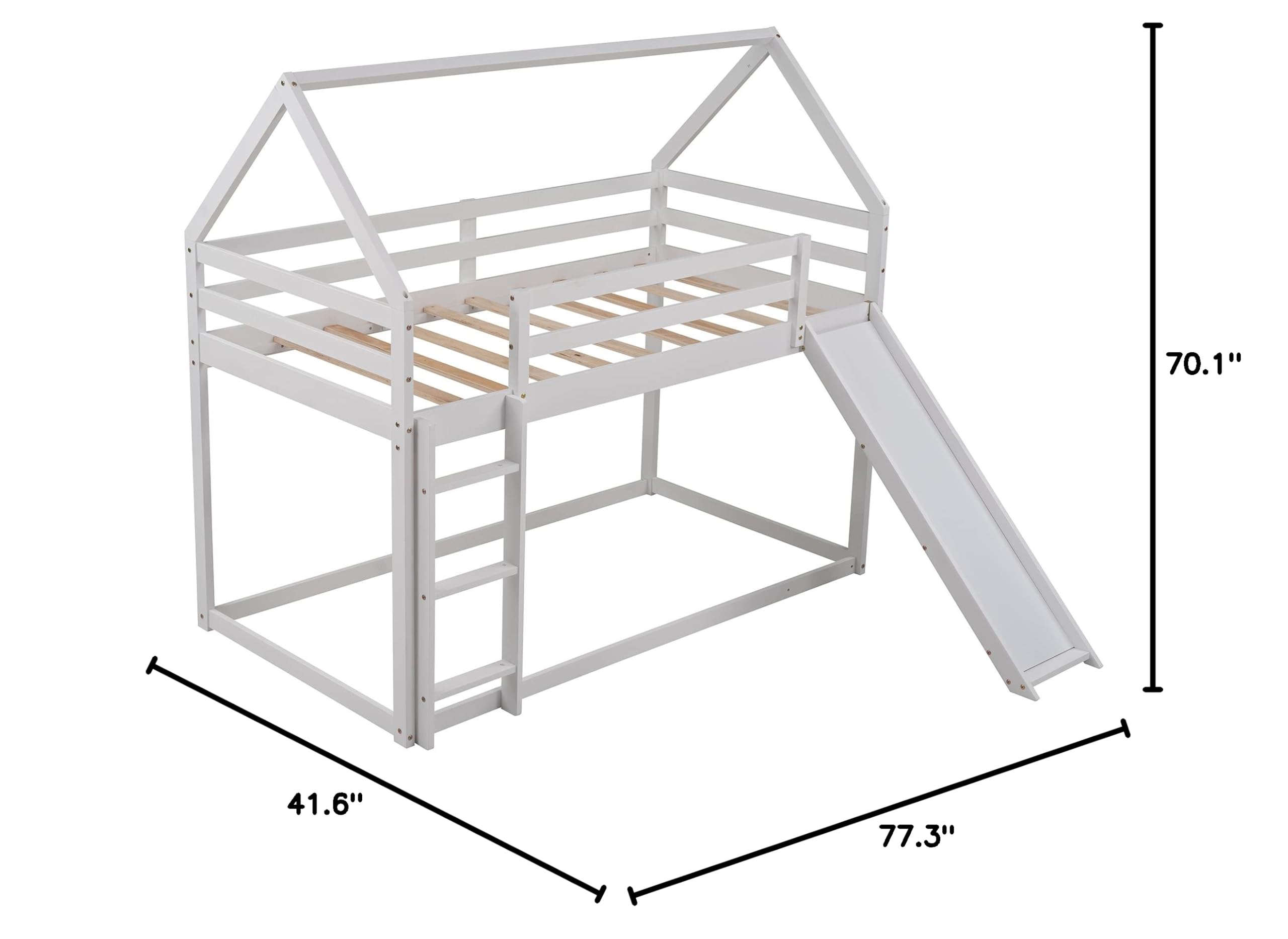 Merax Twin Over Twin Bunk Bed with Slide & Ladder - Kids House Bed with Roof & Low Floor Frame - Fun & Safe Sleeping Solution for Boys, Girls & Teens - Perfect for Small Bedrooms, Playrooms & Sleepovers