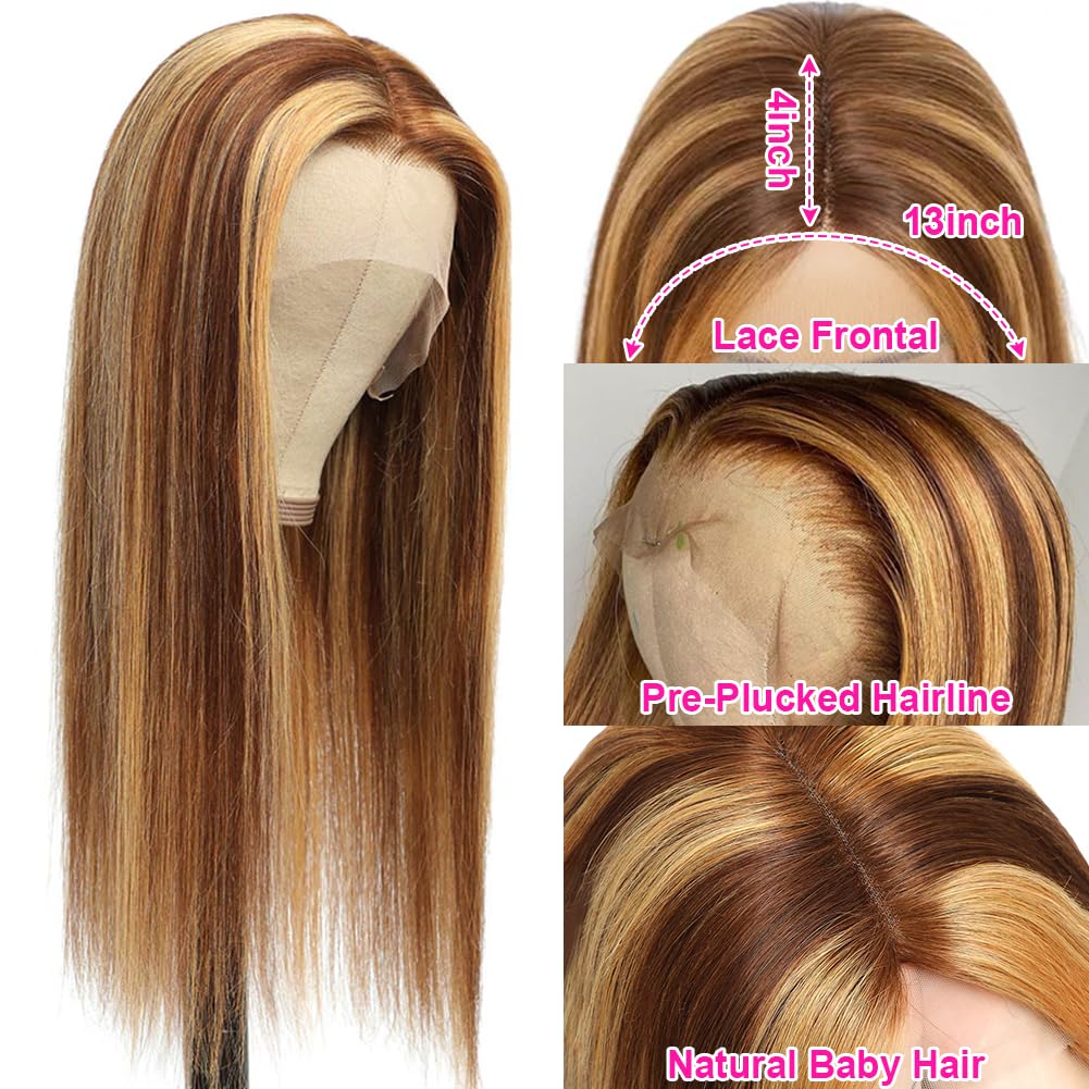 Subella HD Transparent Highlight Lace Front Wigs 180% Density Brazilian Human Hair - 4/27 Straight Pre Plucked Hairline with Baby Hair for Black Women (24 Inch) | Perfect for Daily Wear, Parties & Special Occasions