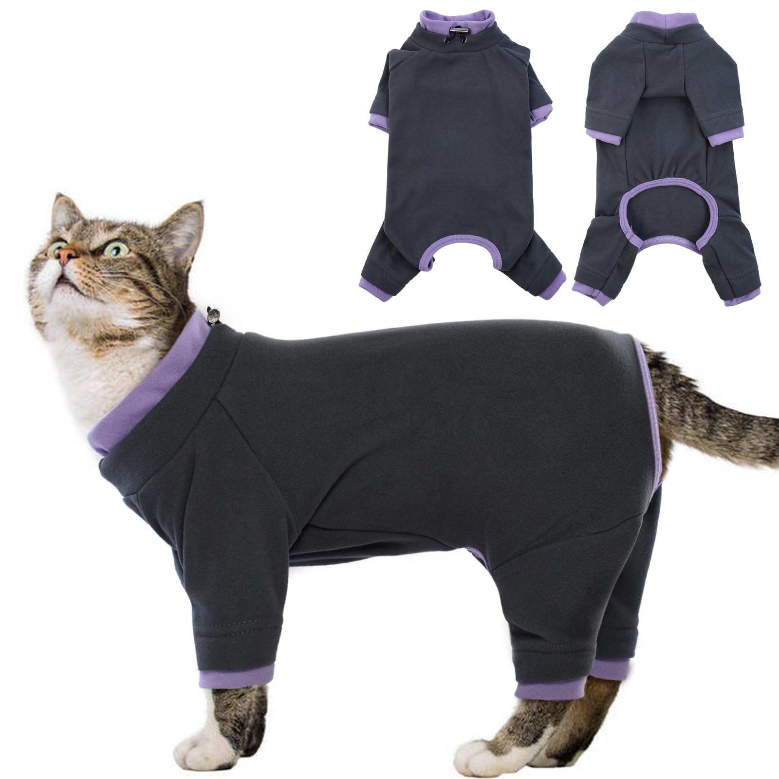 Cat Pajamas & Fleece Vest Set - Warm Turtleneck Jumper & Sticky Hair-Resistant Cat Clothes for Kittens - Recovery Suit for Cats & Small Dogs (Large, Black) - Perfect for Winter, Post-Surgery Care & Indoor Comfort