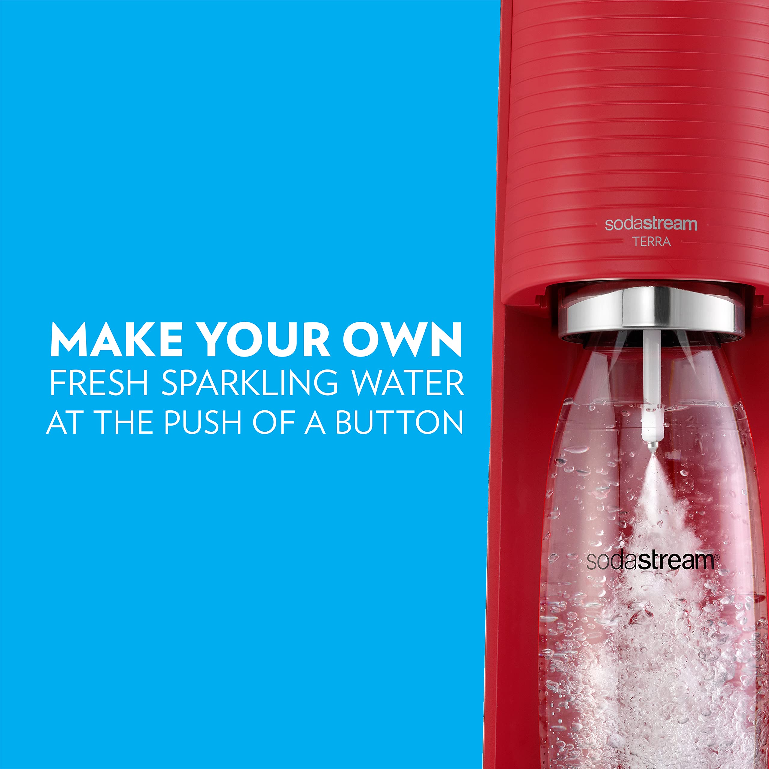 SodaStream Terra Sparkling Water Maker Kit - Red Carbonation Machine with CO2 Cylinder & Dishwasher-Safe Bottle for Home, Office, and Parties | Make Fresh Sparkling Water Instantly