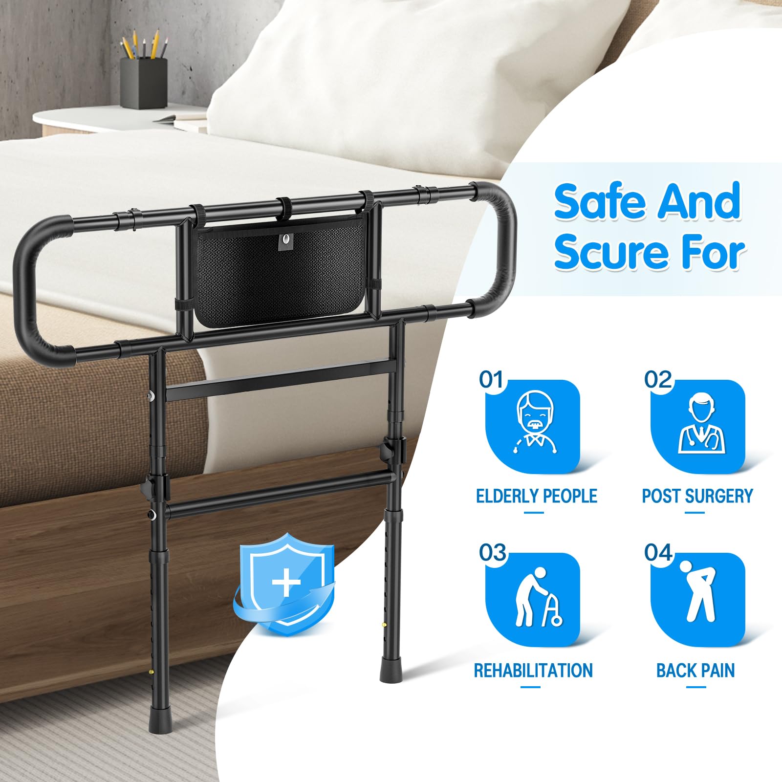 FORTEMOTUS Heavy Duty Bed Rails for Elderly Adults - Foldable Safety Bed Assist Rails with Extendable Guard Rails, Adjustable Height, Storage Pocket & Safety Belt (Supports 450lbs) - Ideal for Senior Home Care & Fall Prevention