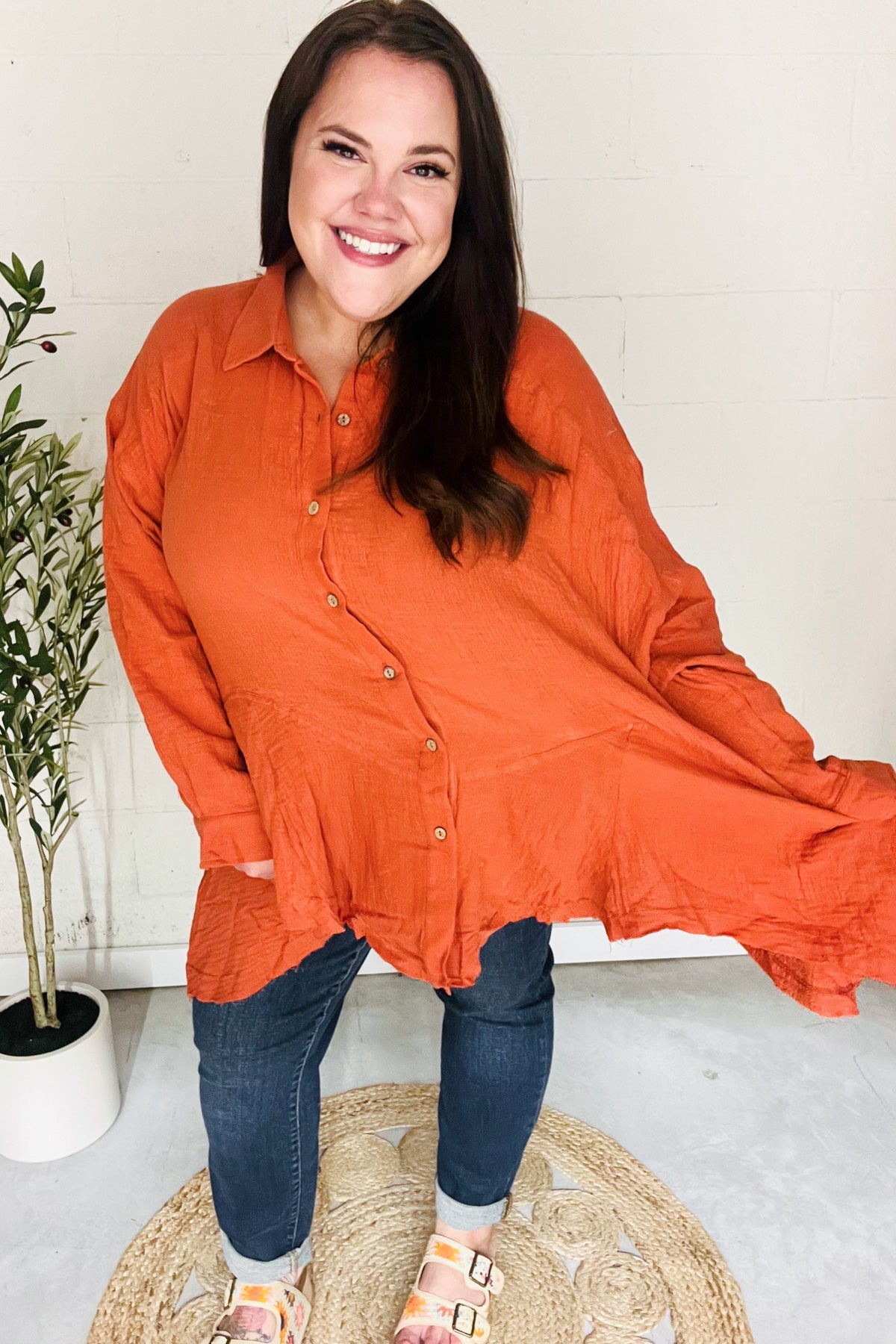 Stylish Rust Button Down Sharkbite Cotton Tunic Top for Women | Comfortable Everyday Wear | Perfect for Office, Casual Outings & Date Nights