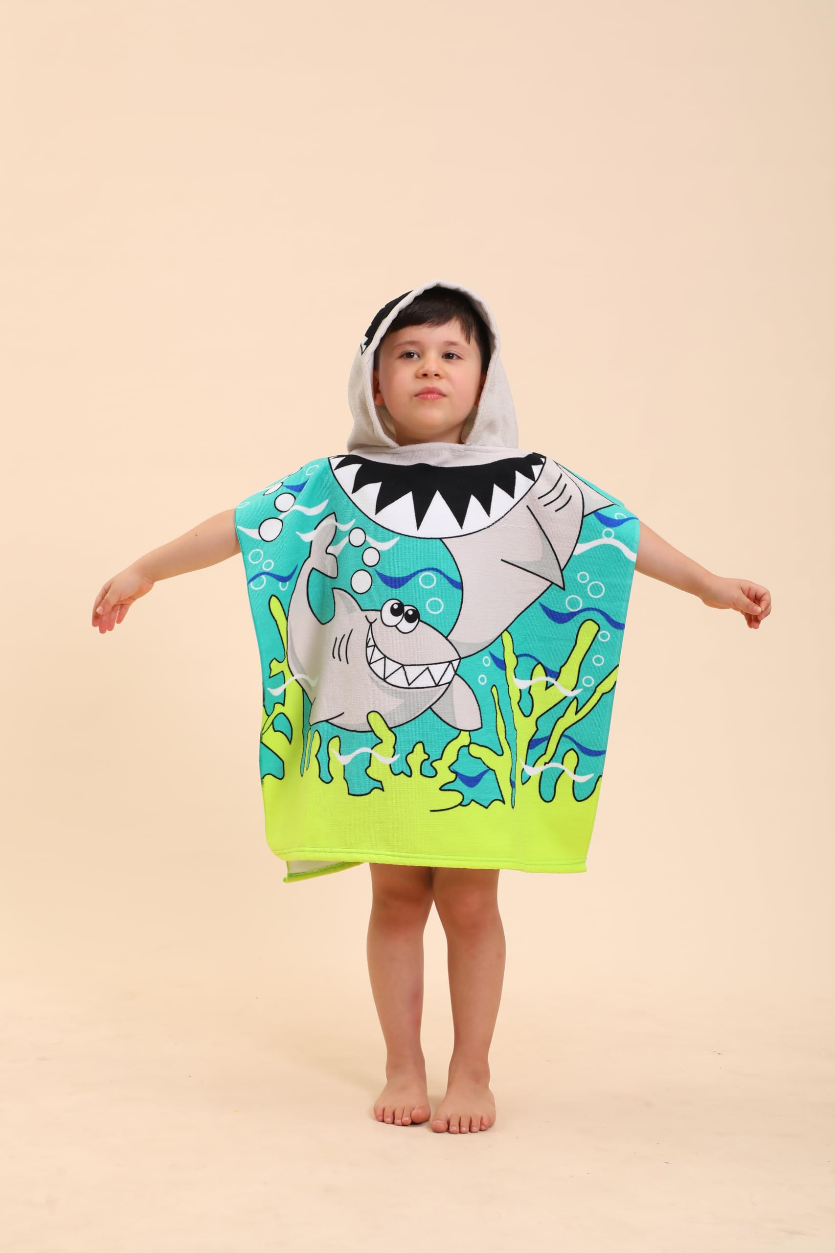 Shark Hooded Towel for Kids - Soft & Absorbent Poncho Beach Towel for Boys & Girls (Ages 2-10) | Wearable Swim Towel, Pool Towel & Bath Robe for Toddlers - Perfect for Swimming, Beach & Bath Time