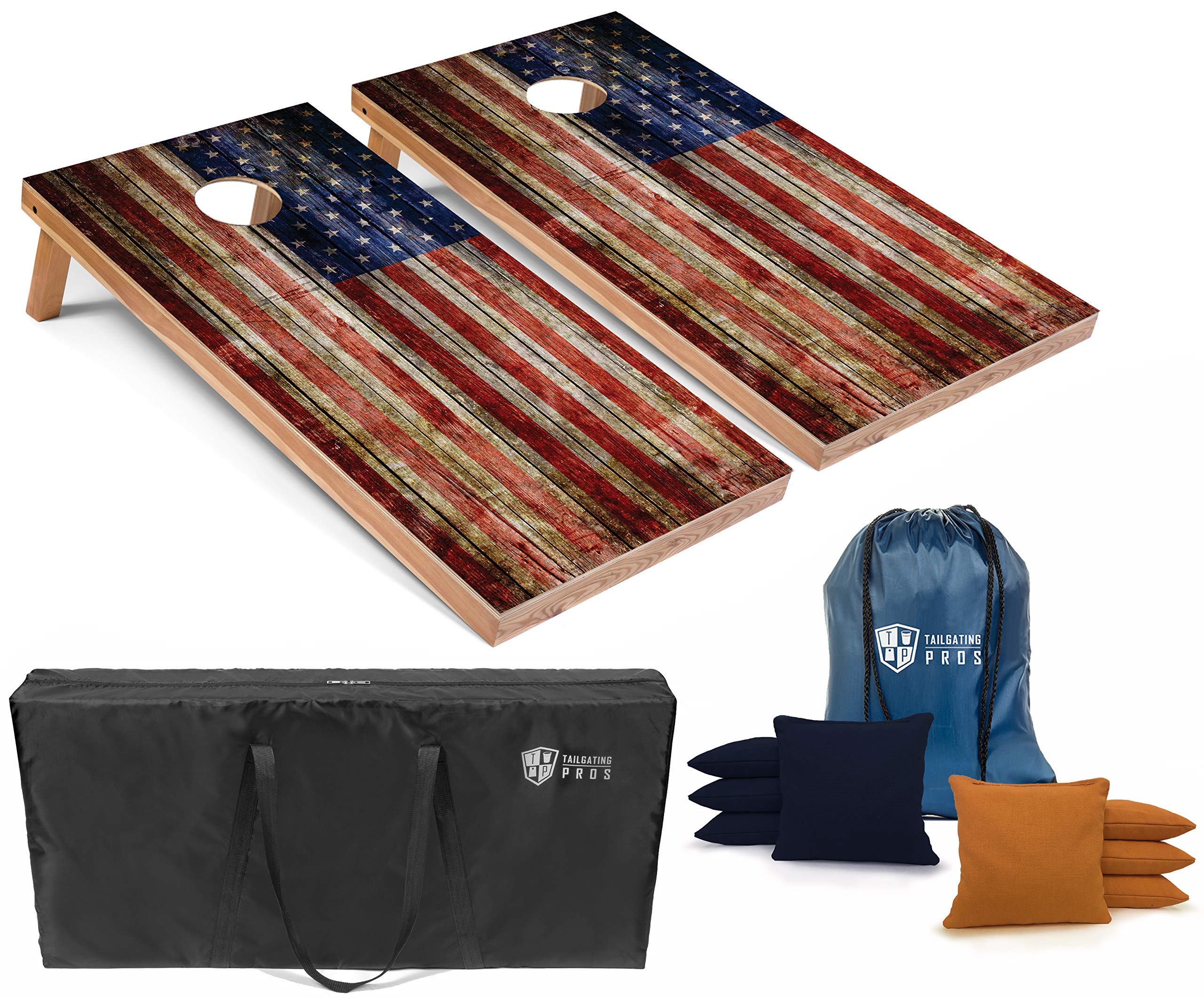 Premium American Flag Wooden Cornhole Board Set with 8 Bean Bags & Carrying Case - Regulation 4'x2' Size for Backyard, Tailgate Parties & Outdoor Games - Includes Ring Light for Night Play