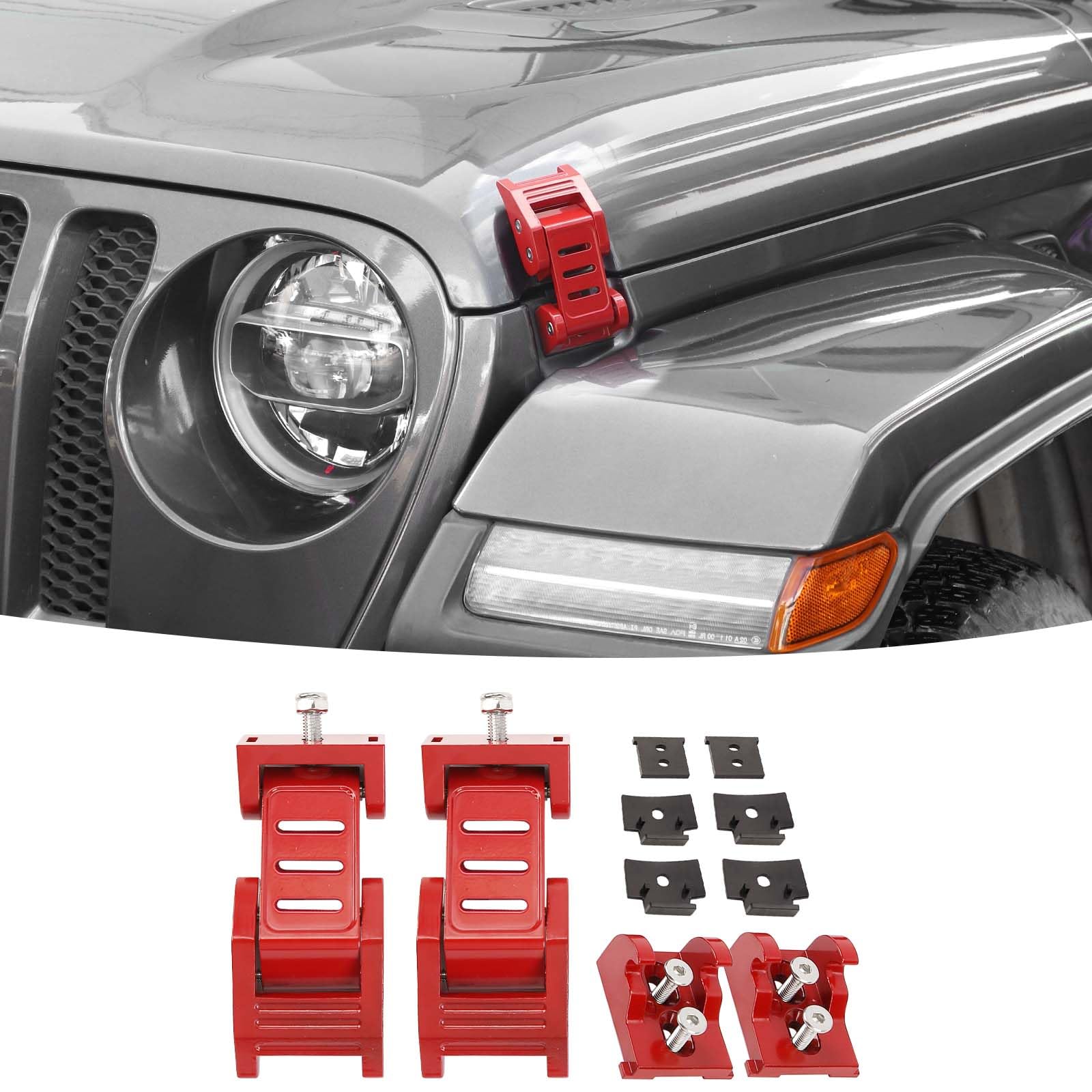 Stainless Steel Hood Latch Kit for 2007-2018 Jeep Wrangler JK/JKU & 2018-2025 JL/JLU/Gladiator JT - Red Exterior Accessories for Off-Roading & Adventure