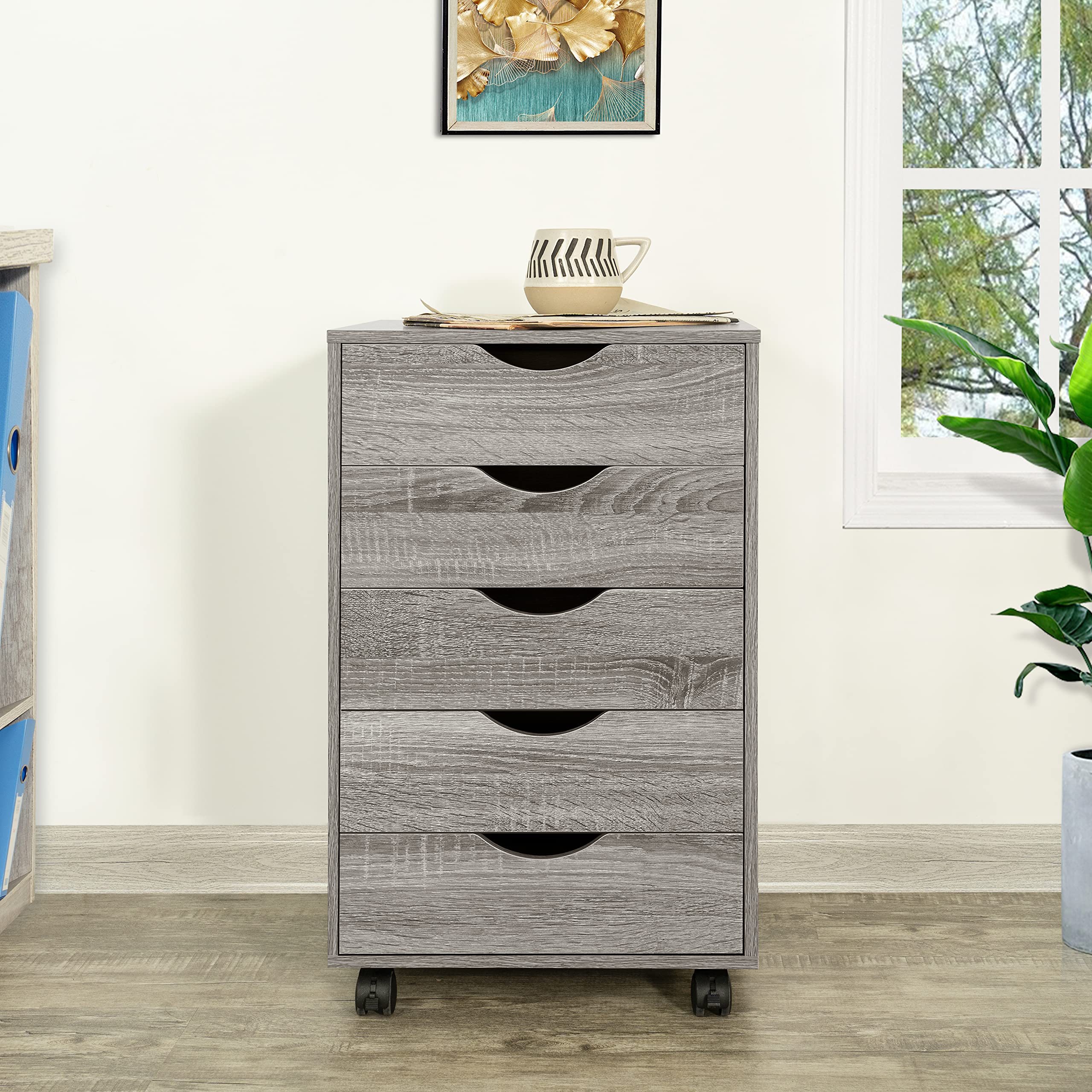 Naomi Home 5-Drawer Dresser for Bedroom - Modern Tall Chest with Wheels, Storage Shelves & 180 lbs Capacity - Gray Oak - Perfect for Closet Organization, Makeup Vanity & Small Space Storage