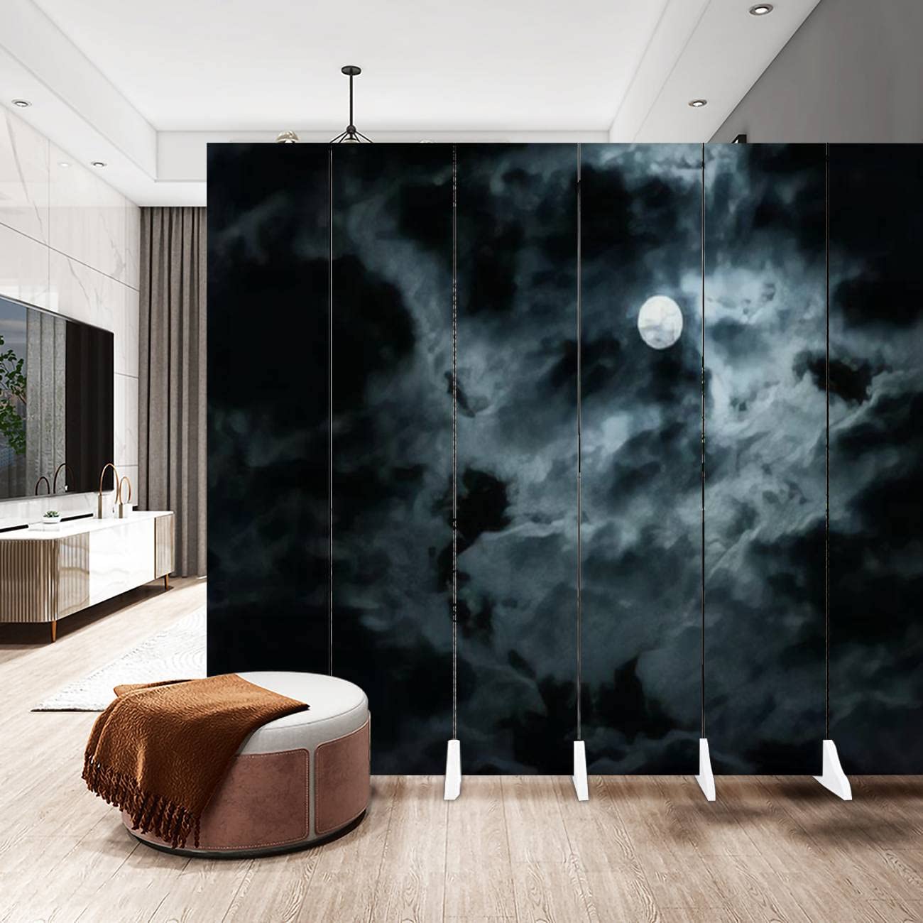 6-Panel Gothic Horror Night Sky Canvas Room Divider with Full Moon - Folding Privacy Partition Screen for Bedroom, Office & Event Spaces