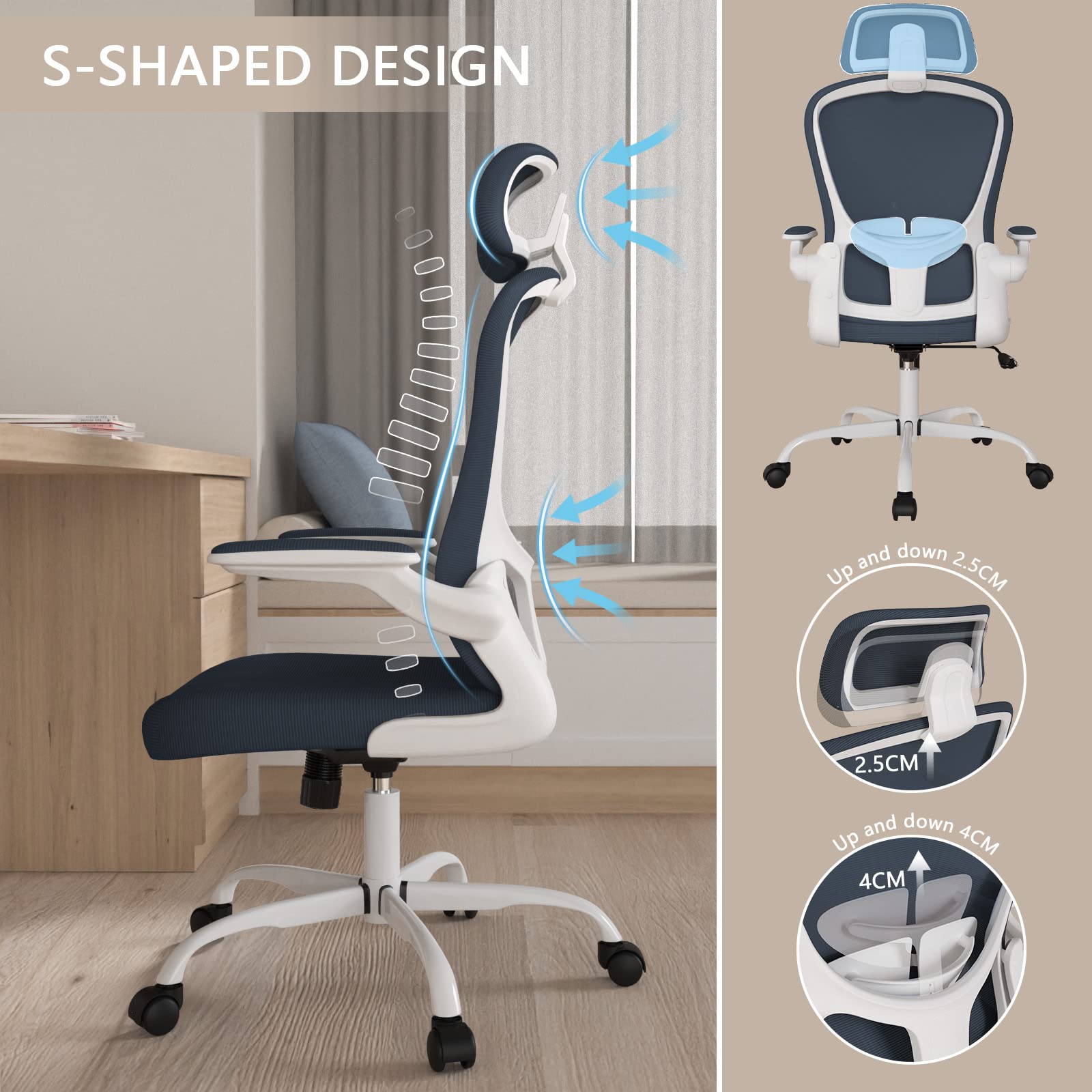 Ergonomic High Back Office Chair with Adjustable Lumbar Support & Headrest - Breathable Mesh Task Chair, Swivel Executive Desk Chair with Flip-Up Armrests - Perfect for Home Office, Gaming & Workspaces