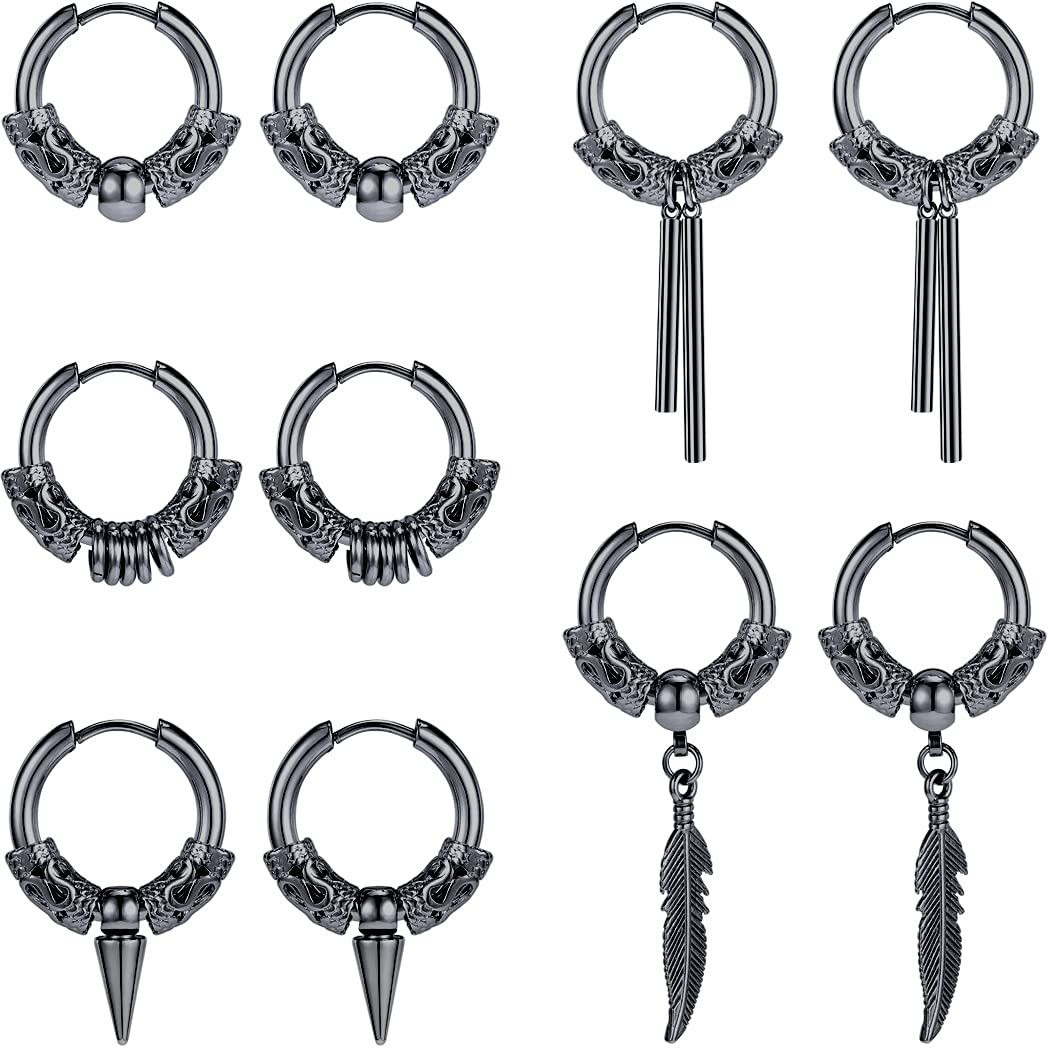 5 Pairs Men's Surgical Steel Black Dangle Hoop Earrings - Unisex Style for DIY & Everyday Wear - Perfect for Gifts, Parties, and Casual Outfits