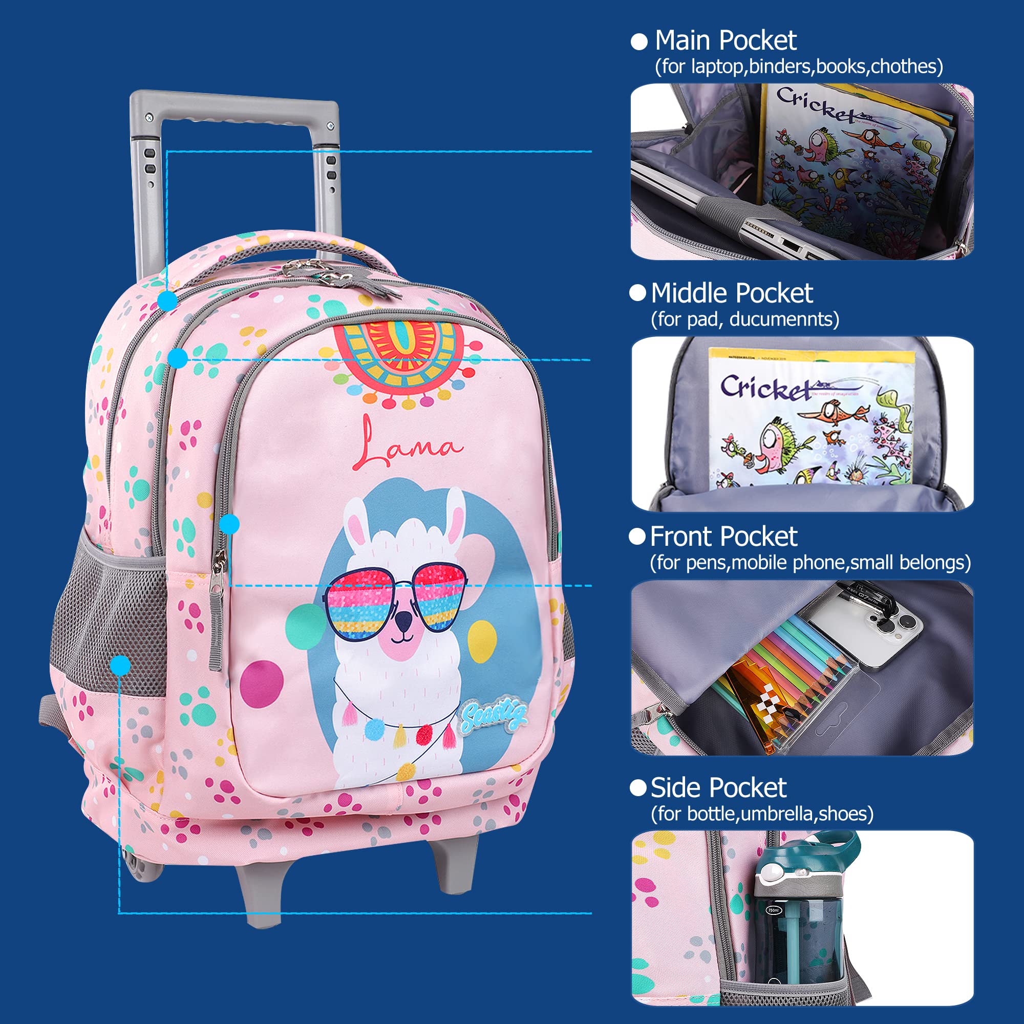 Seastig 18in Rolling Backpack for Kids - Wheeled School Backpack with Double Handle & Wheels - Perfect for School, Travel, and Daily Commute