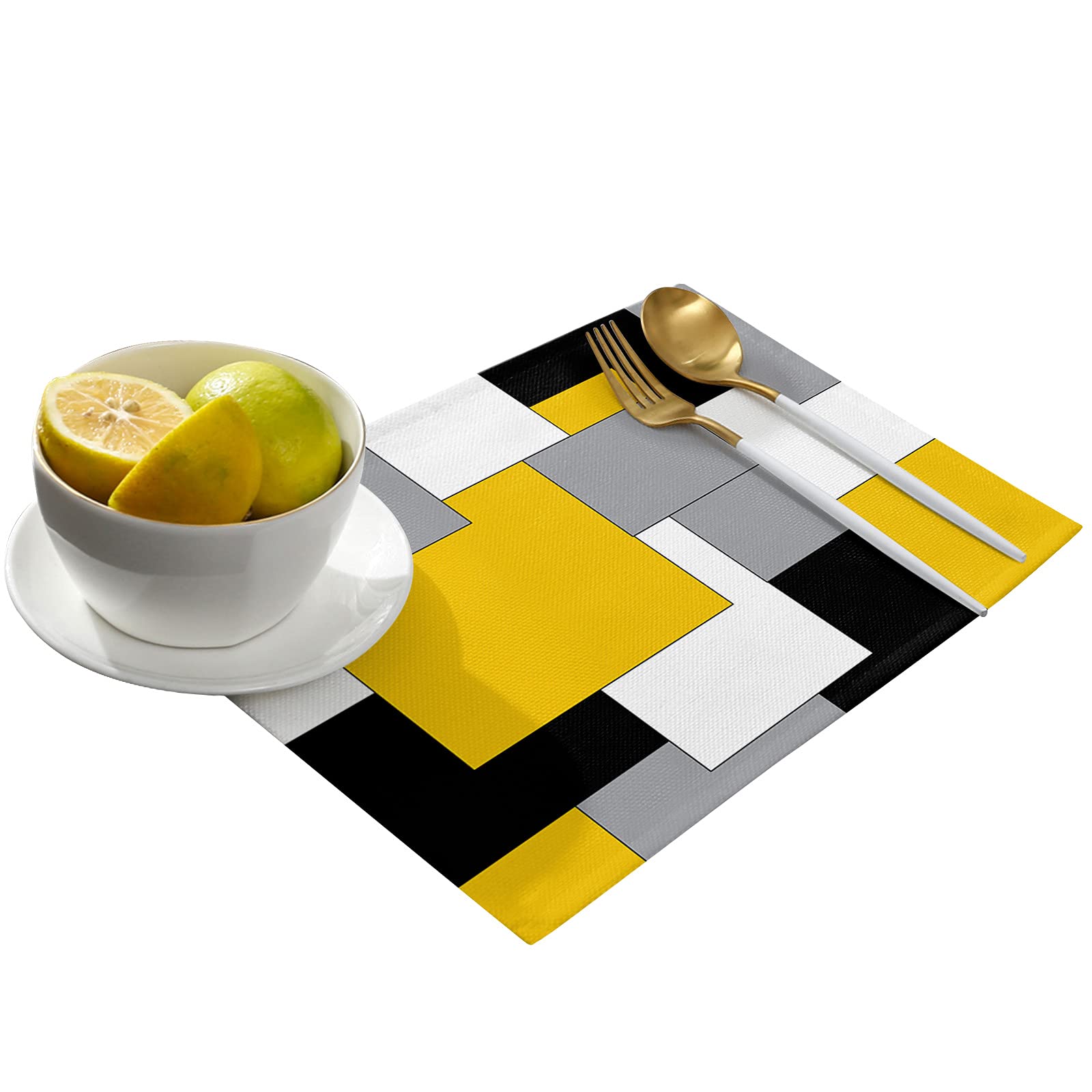 Abstract Geometric Place Mats Set of 6 - Mid Century Yellow Nordic Washable Table Mats for Dining Room, Kitchen Decor, Perfect for Dinner Parties & Everyday Use