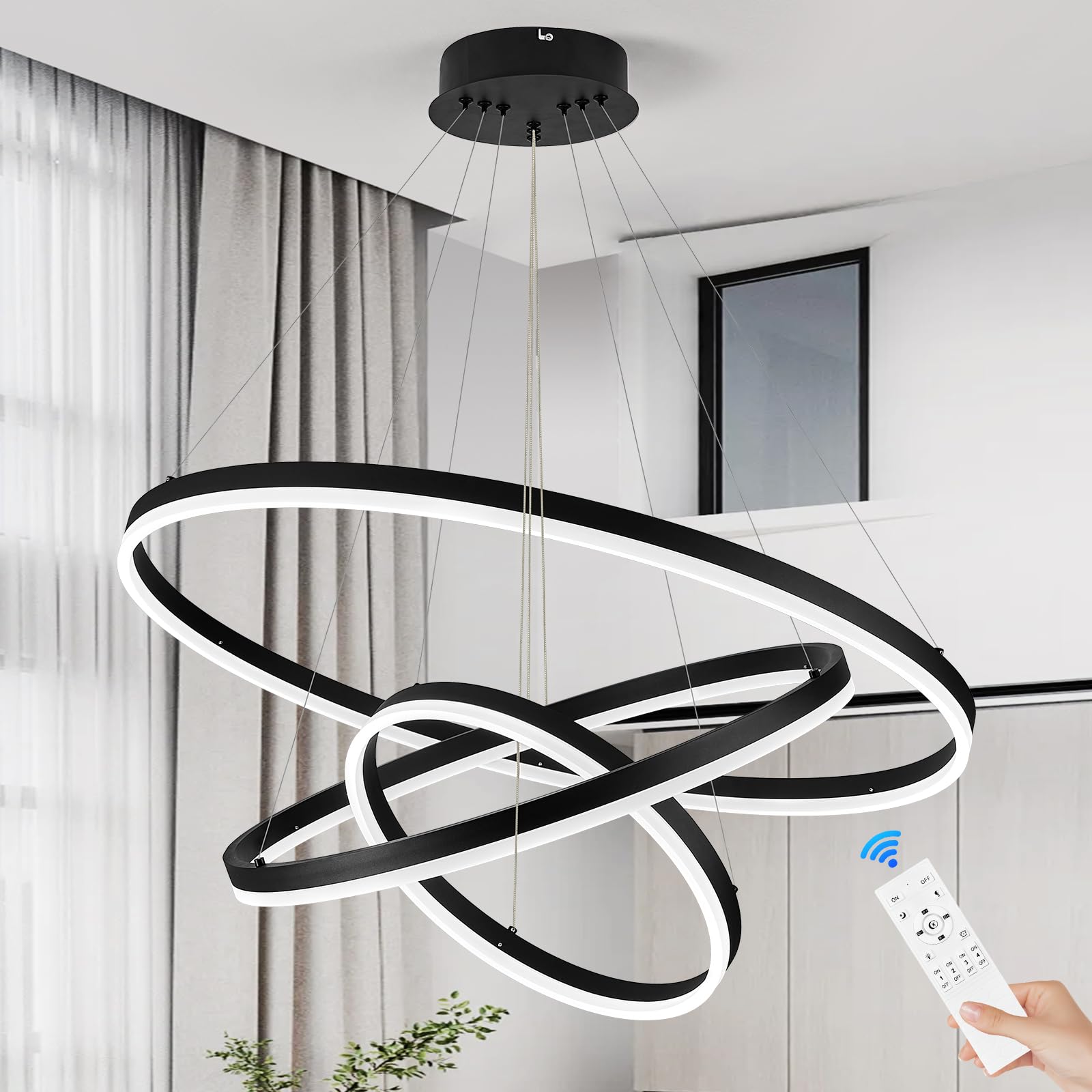 Modern 3-Ring LED Chandelier - Black Dimmable Pendant Light with Remote Control, Circular Flush Mount Ceiling Fixture (3000K-6500K Adjustable, 71cm Height) for Dining Room, Living Room, Bedroom & Entryway - Perfect for Contemporary Home Decor and Ambient Lighting