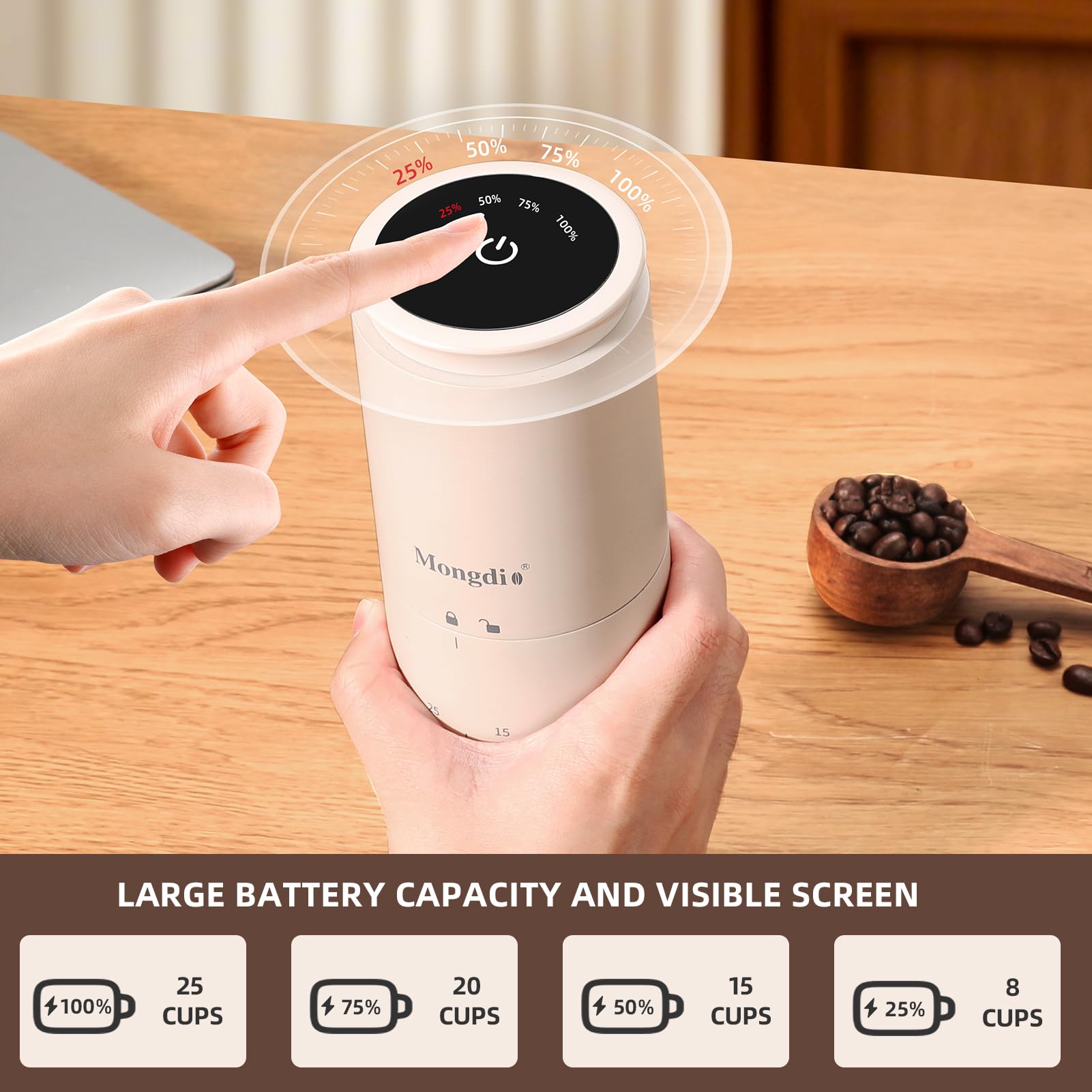 Premium Portable Electric Burr Coffee Grinder - 38 Adjustable Settings, Conical Burr with LED Display, USB Rechargeable, Ceramic Core - Perfect for Home, Office & Travel Use - Pearl White