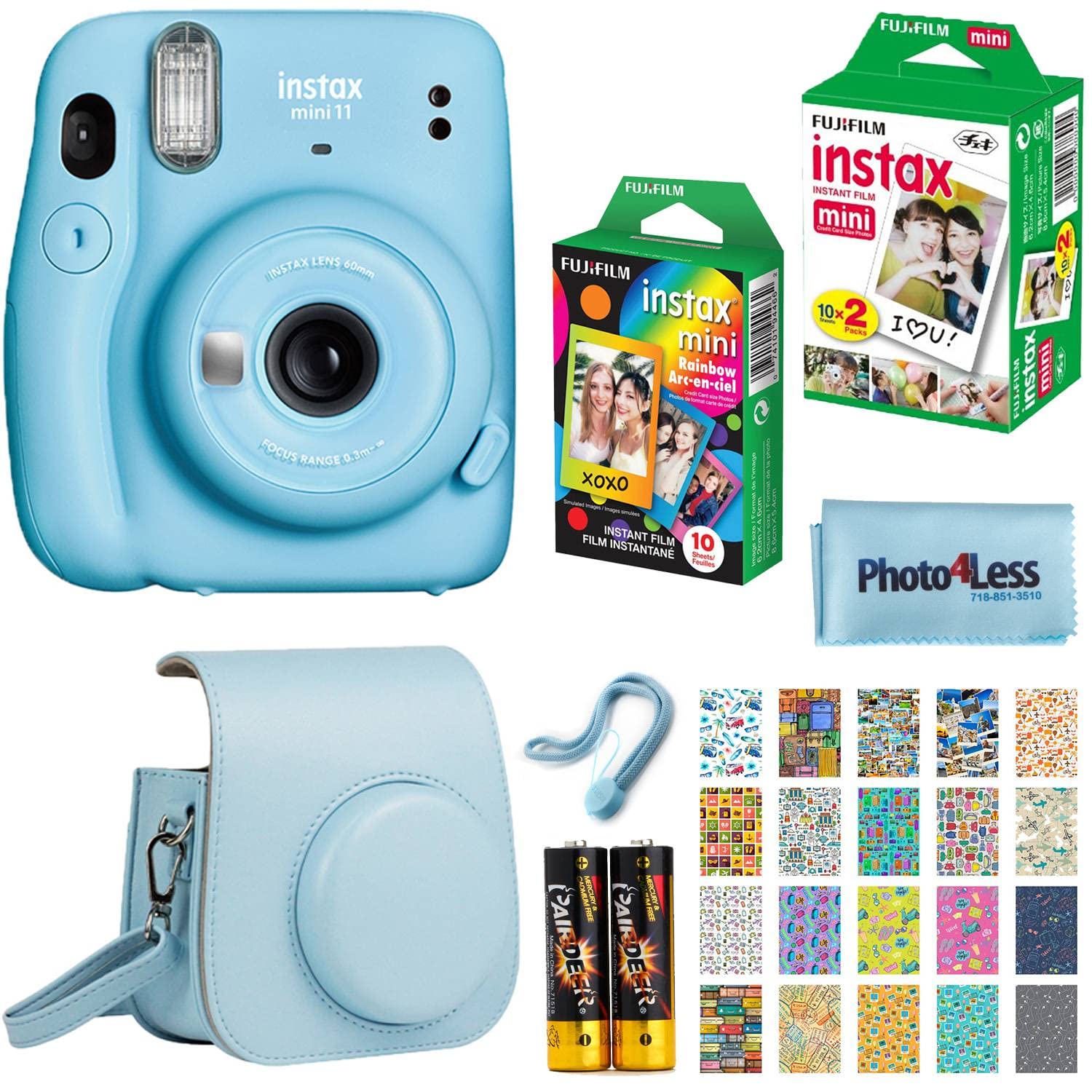 Fujifilm Instax Mini 11 Instant Camera Kit - Sky Blue with Twin Pack Film, Rainbow Film, Protective Case & Travel Stickers | Perfect for Travel, Parties, Birthdays & DIY Scrapbooking
