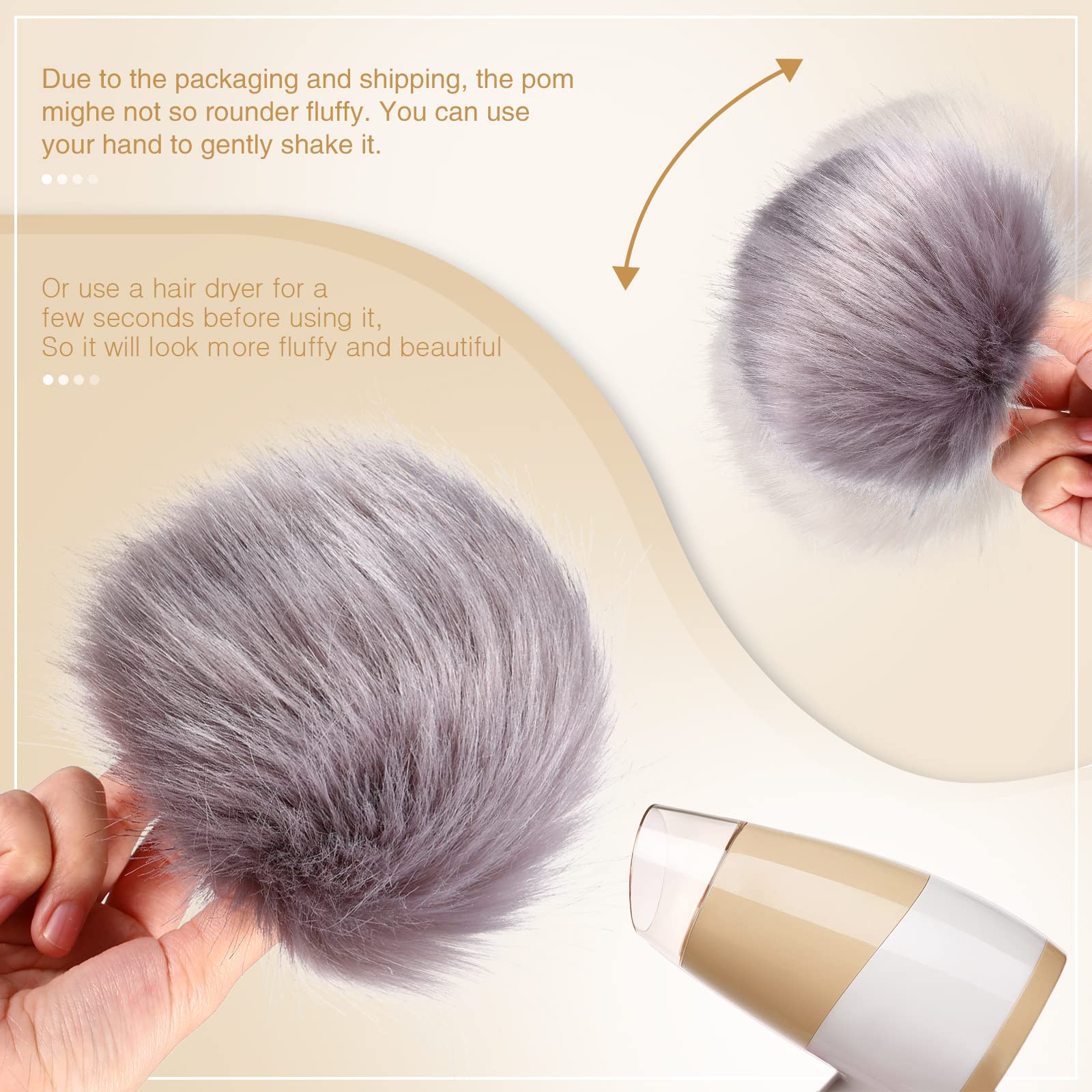 8 Pcs 6 Inch Large Fluffy Faux Fur Pom Pom Balls for Hats - Snap Button Attachments for DIY Crafts, Winter Accessories (Black, Grey, Brown, White) - Perfect for Knit Hats, Scarves, Boots & Bag Charms