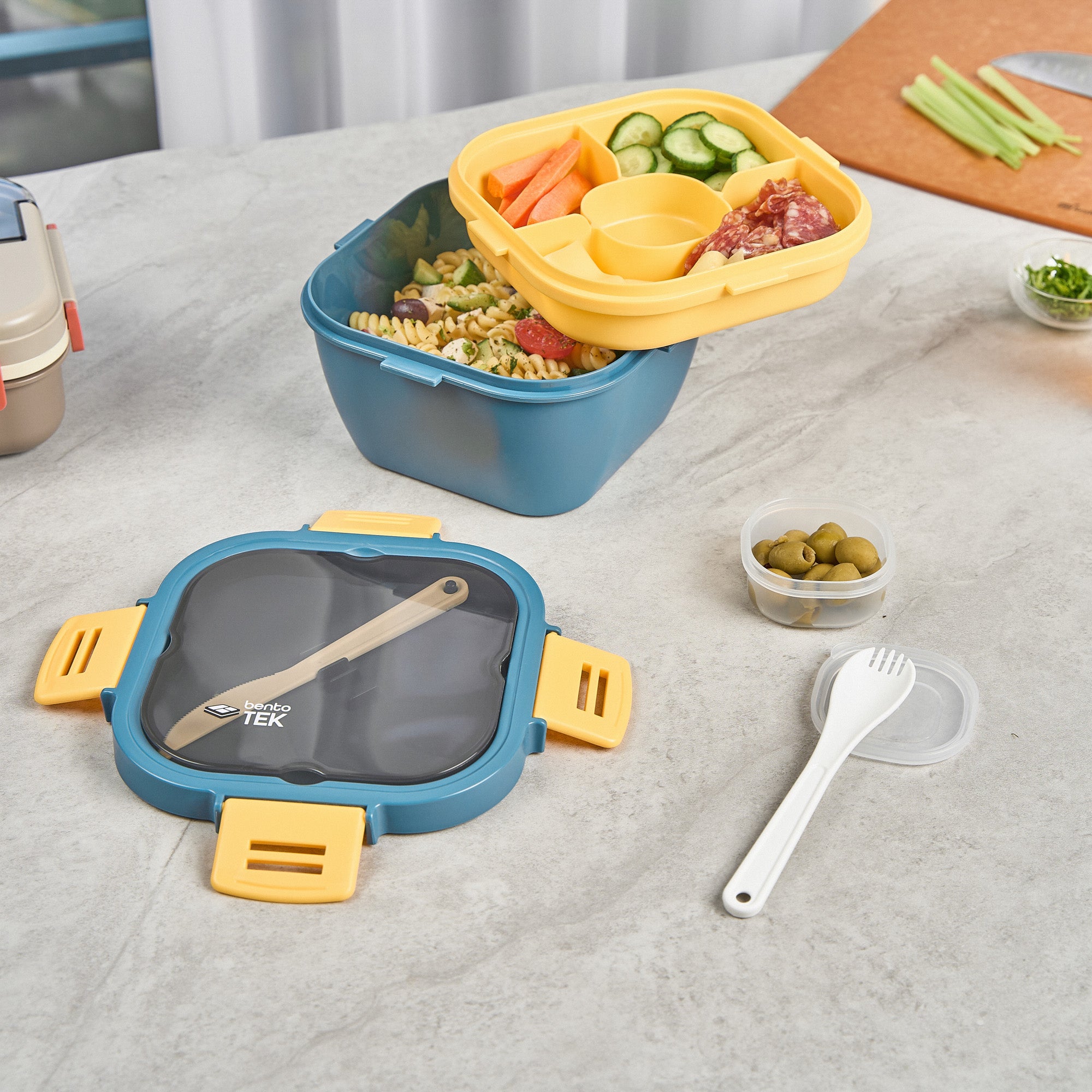 Bento Tek 58oz BPA Free Lunch Box Set - Blue & Yellow Microwave Safe Food Container with Fork & Knife (7.25