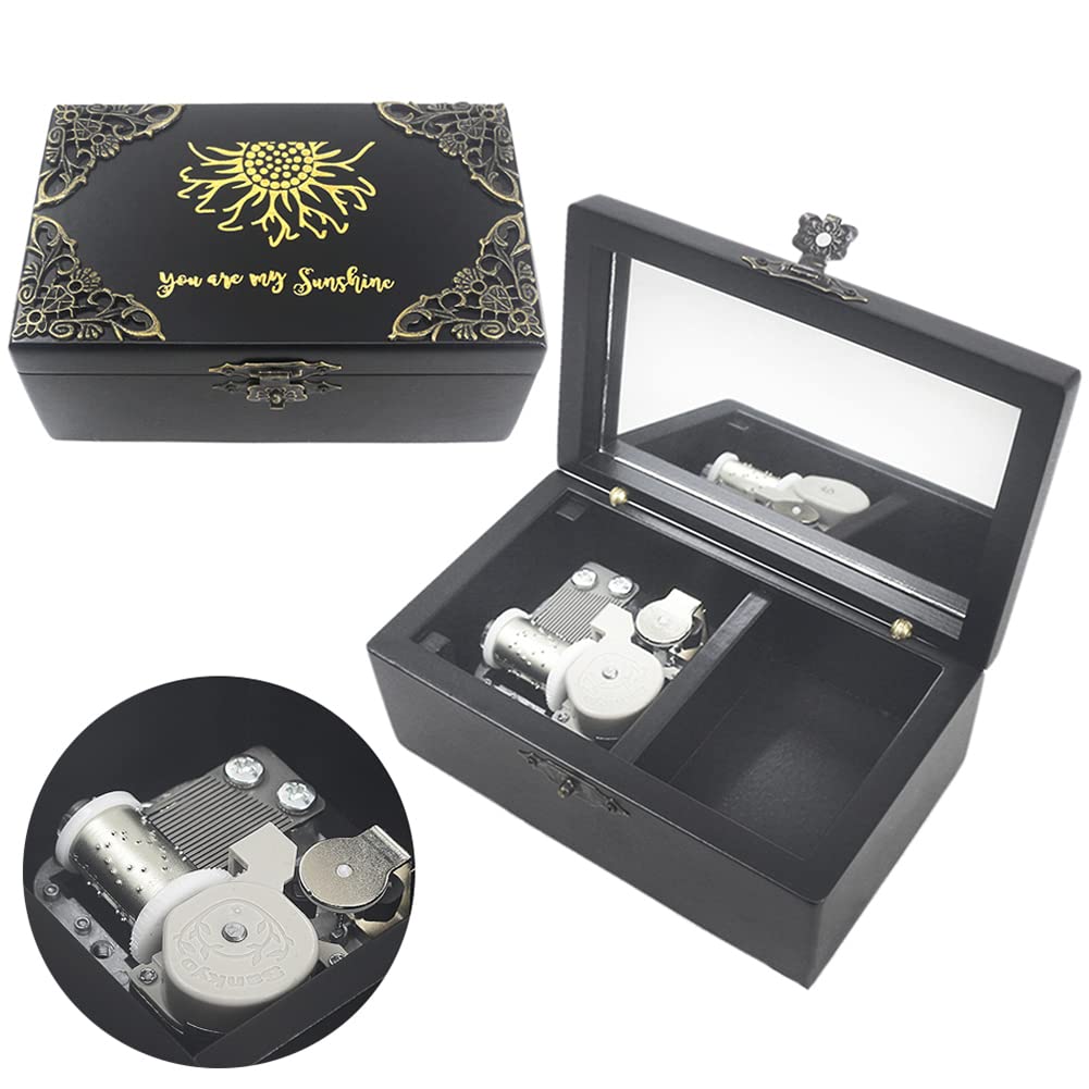 ROSIKING Handcrafted Wooden Music Box with Mirror & Carved Jewelry Design - Plays 'You Are My Sunshine' - Perfect Christmas, Birthday & Valentine's Day Gift for Her - Romantic Home Decor & Jewelry Storage