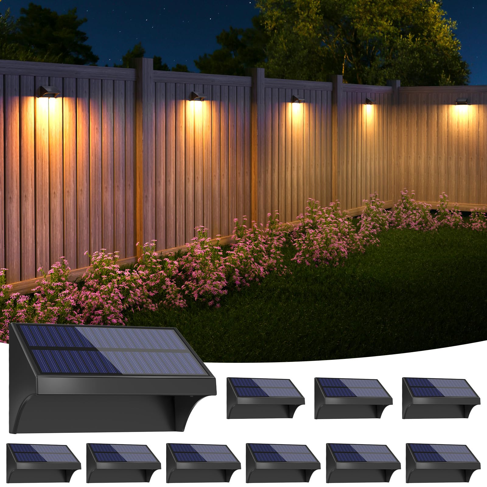 NIORSUN 10 Pack Solar Fence Lights - 1500mAh Bigger & Brighter Outdoor Lighting with Warm White/Cool White/RGB Modes - Waterproof Solar Powered Garden Lights for Deck, Stairs, Patio, Wall, Backyard (Black) | Perfect for Evening Gatherings & Landscape Illumination