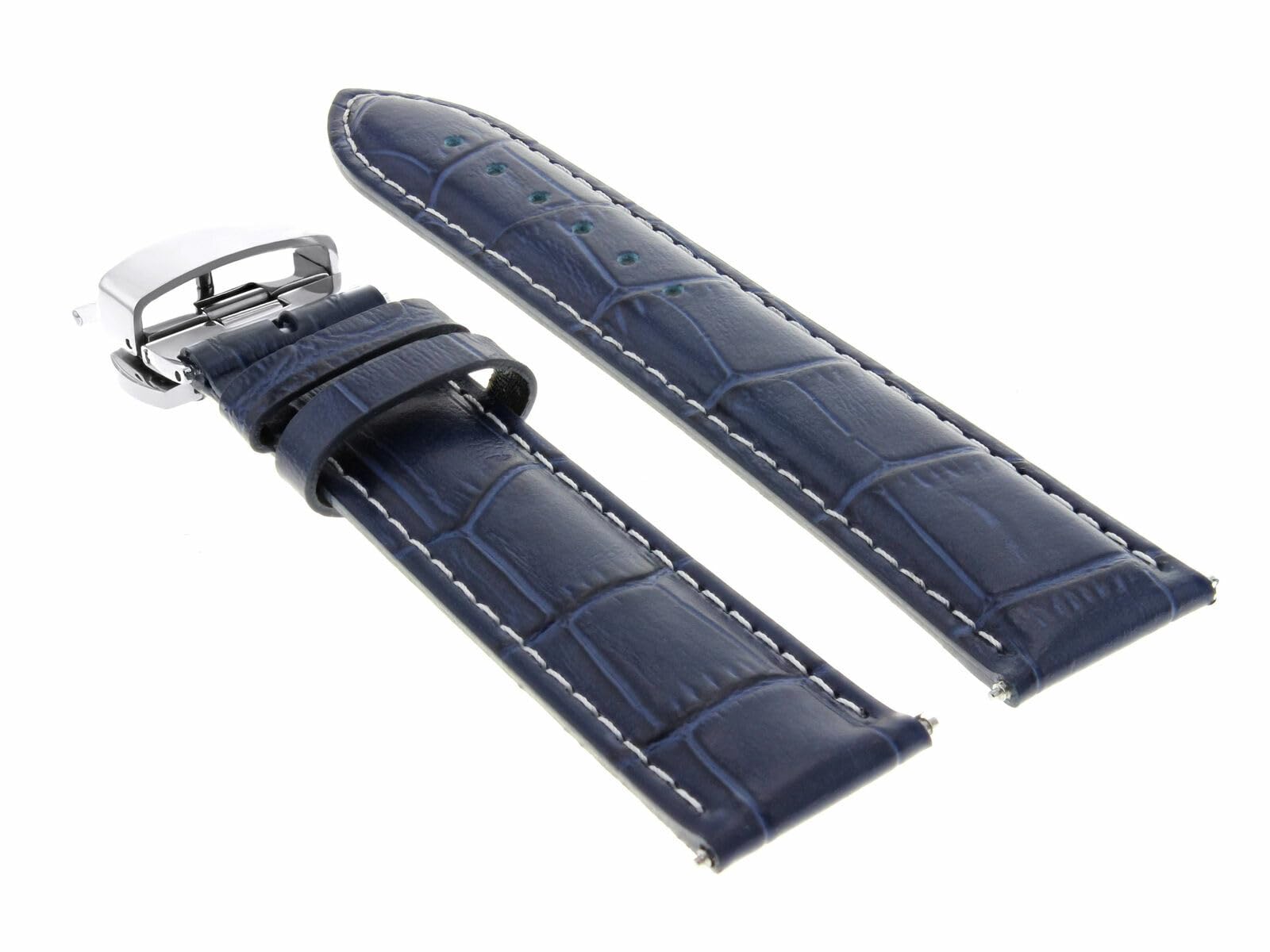 20mm Genuine Leather Watch Band Strap - Compatible with Rolex Submariner, Deployment Clasp, Blue with White Stitching - Perfect for Business, Casual & Dress Watches