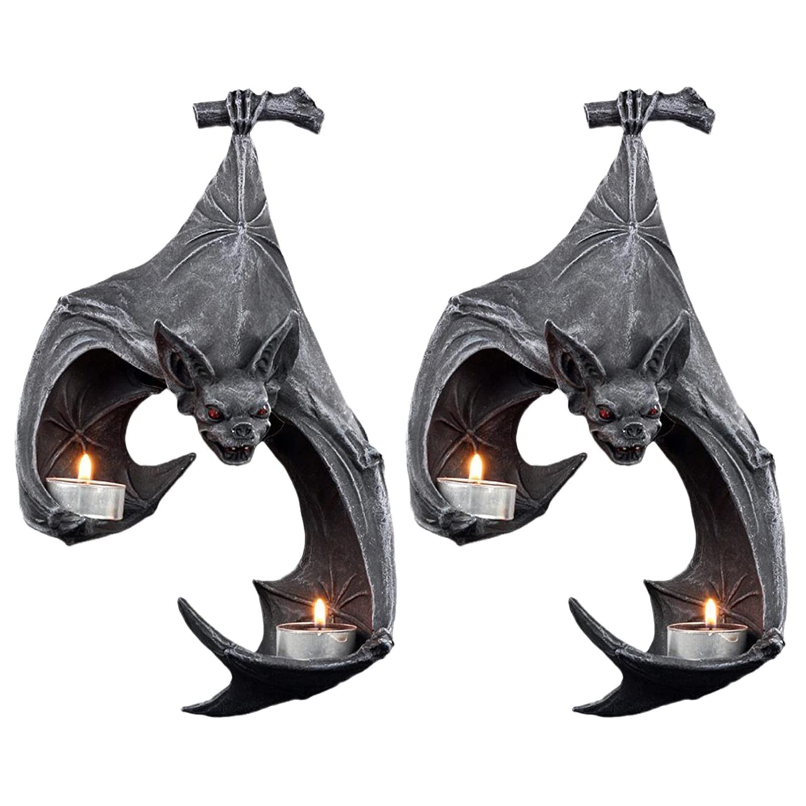 2Pcs Bat Wall Sconce Candle Holders - Halloween Tealight Wall Decor for Home, Office, Garden & Bathroom - Rustic Resin Wall Hanging Sculpture for Thanksgiving Party & Seasonal Decor