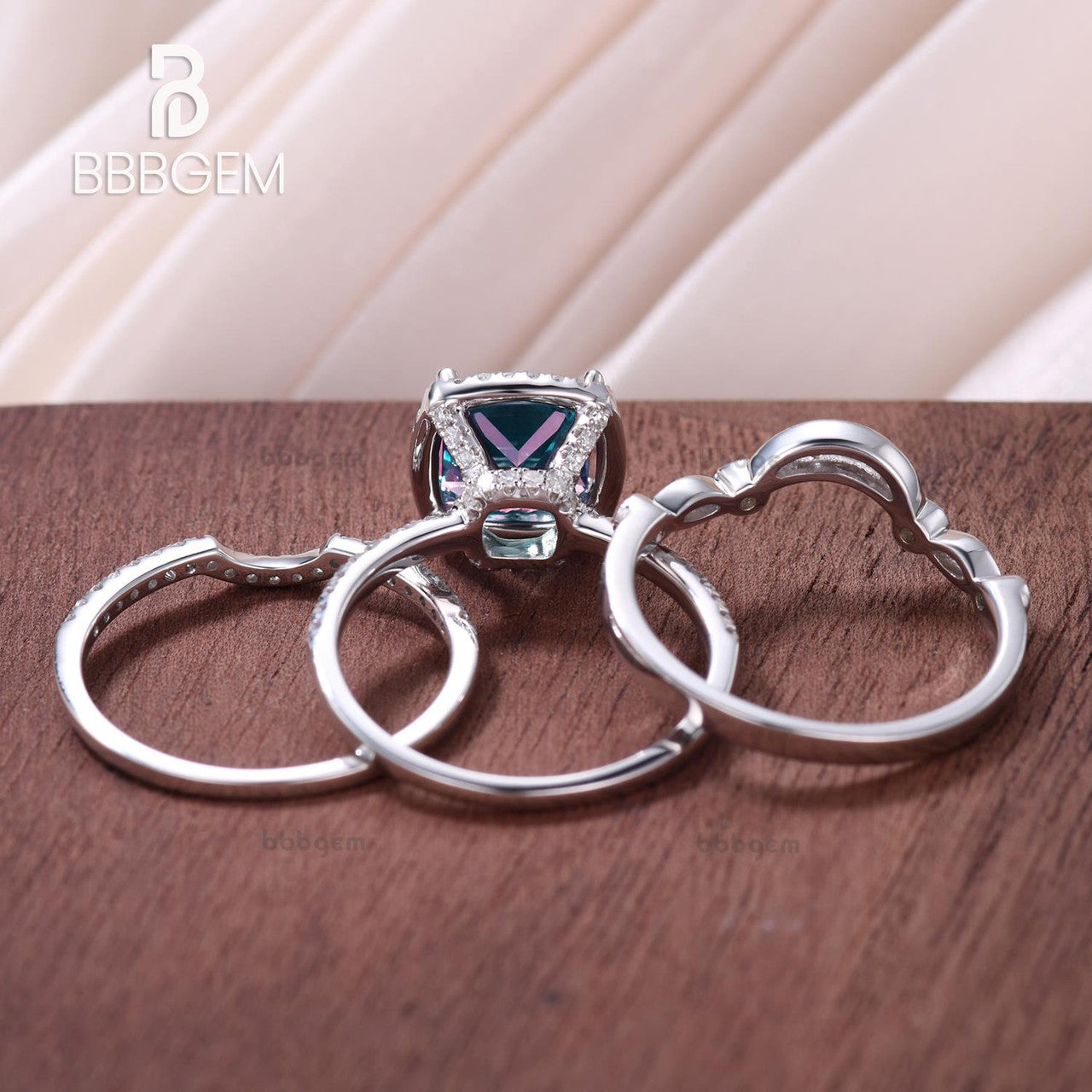3pcs Princess Cut Alexandrite & Diamond Engagement Ring Set - Basket Prong Setting for Women | Perfect for Proposals, Weddings & Anniversary Gifts