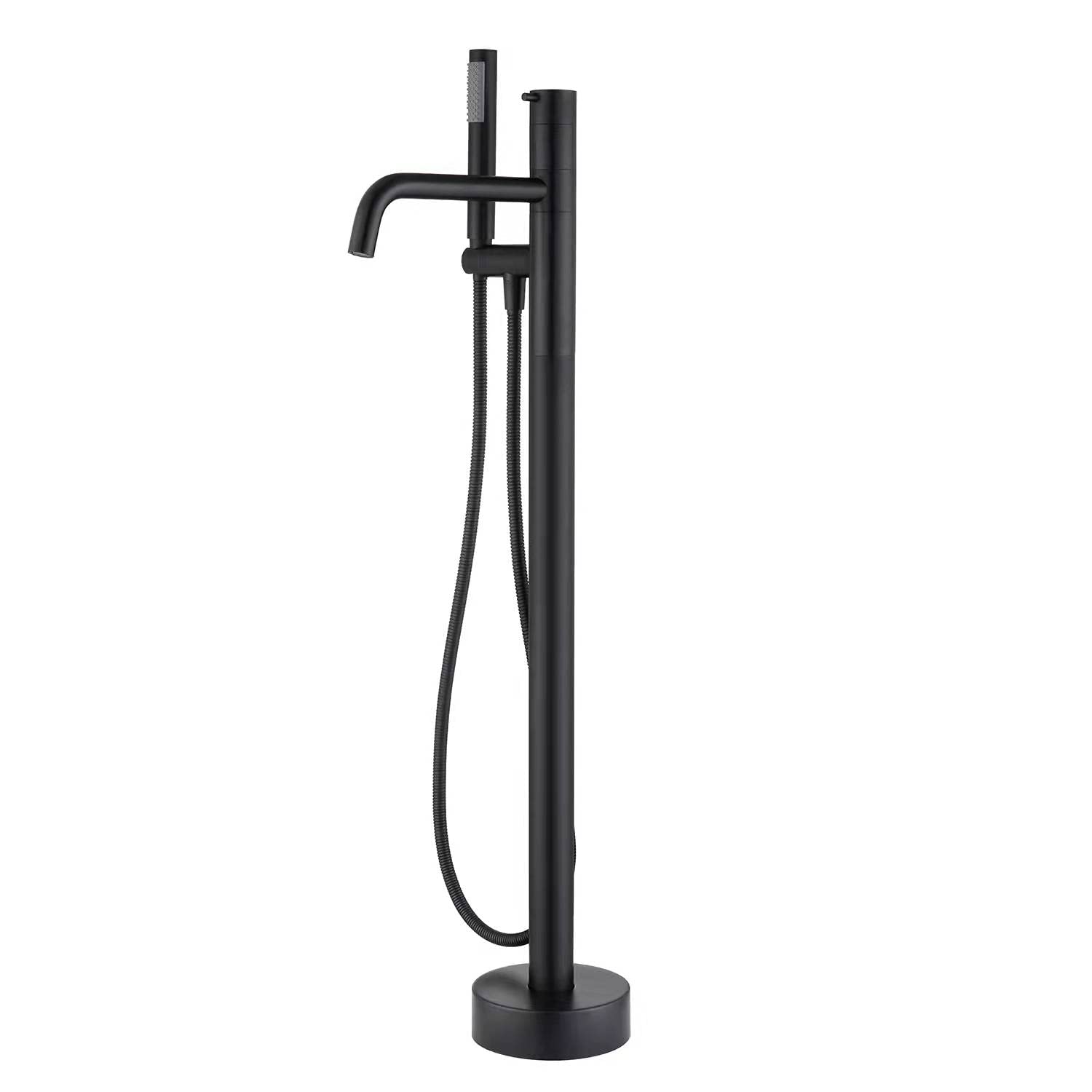 Freestanding Bathtub Faucet - Black Floor Mount Brass Single Handle Tub Filler with Hand Shower for Modern Bathroom | Perfect for Spa-Like Relaxation & Luxury Bathing Experience