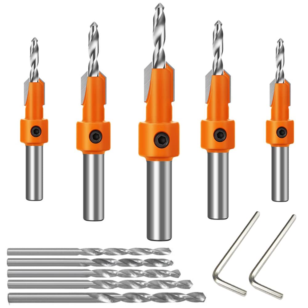 ASNOMY 10Pcs Wood Countersink Drill Bit Set - 5Pcs Countersink Bits & 5Pcs Pilot Drill Bits with 5/16