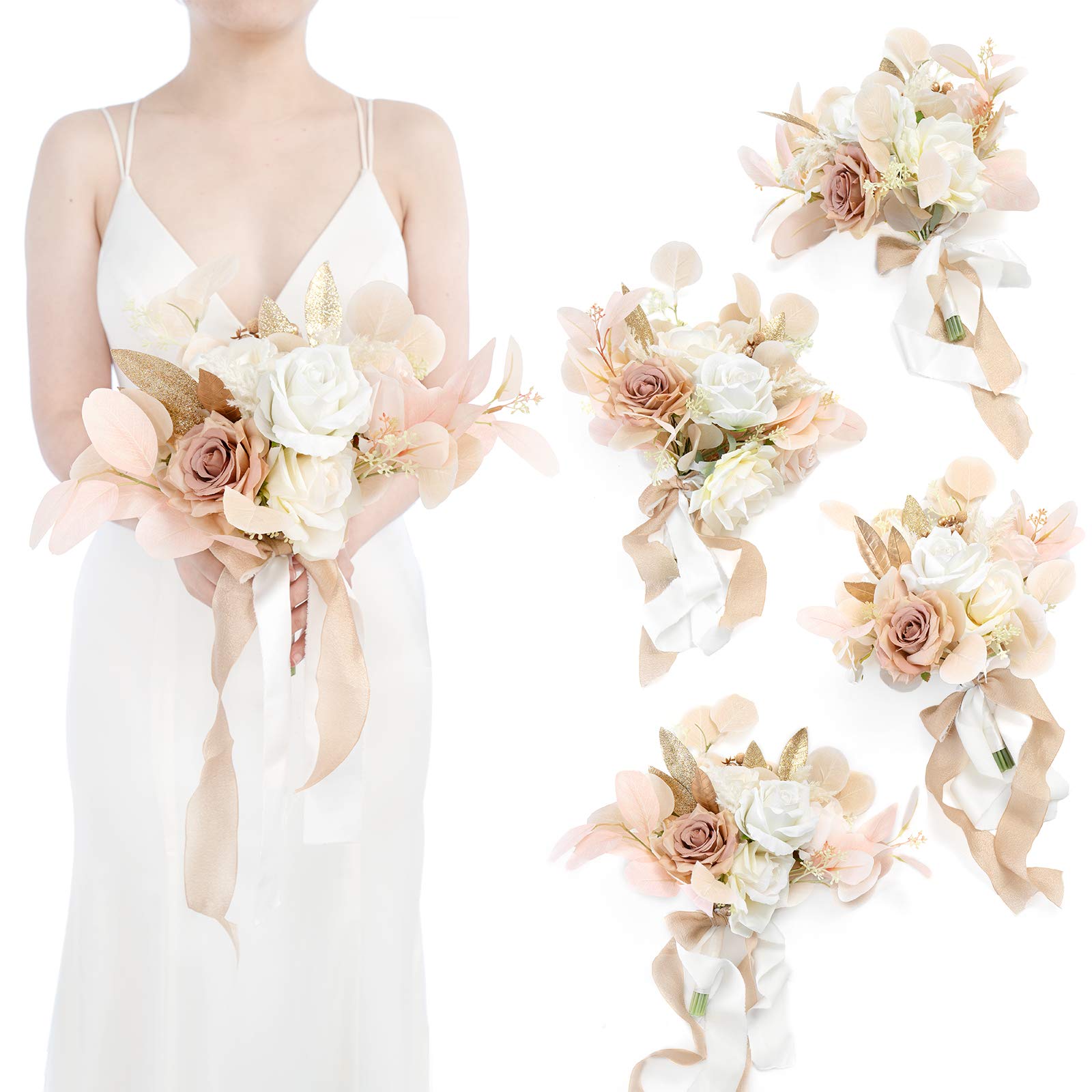Ling's Moment 7 Inch White & Beige Artificial Flowers Bridesmaid Bouquets - Set of 4 for Wedding, Anniversary & Special Events - Perfect for Bridal Party, Centerpieces & Home Decor